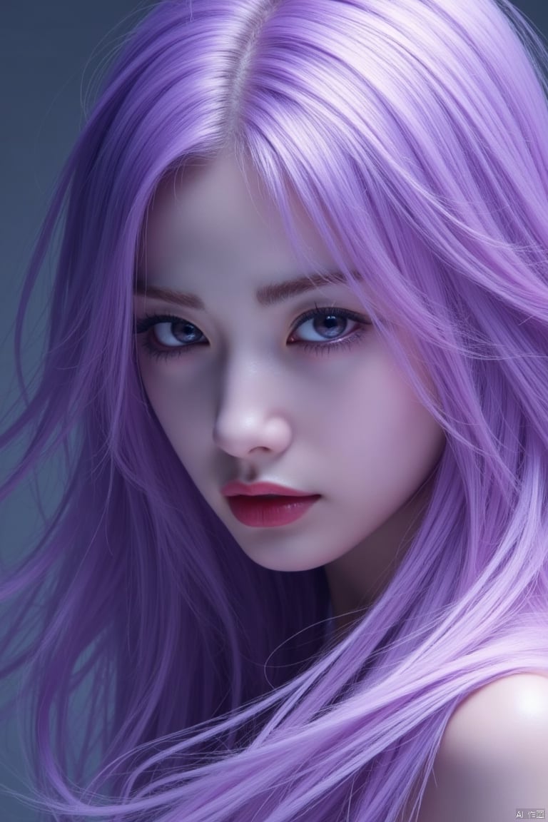 This is a highly detailed digital artwork in the fantasy genre, featuring an ethereal, otherworldly scene. The central figure is a young woman with a pale, delicate complexion and long, flowing purple hair that cascades around her face and shoulders. Her eyes are a striking violet hue, and her expression is somber yet captivating,  while the hair appears silky and voluminous. The image is rich in detail and emotion, creating a mesmerizing and dreamlike experience. masterpiece, best quality, score_9, score_8_up, score_7_up,yunxi,1girl,GX-girl