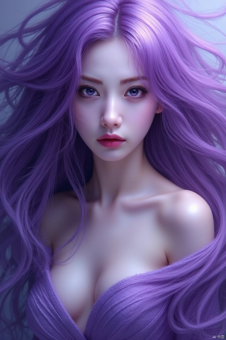 This is a highly detailed digital artwork in the fantasy genre, featuring an ethereal, otherworldly scene. The central figure is a young woman with a pale, delicate complexion and long, flowing purple hair that cascades around her face and shoulders. Her eyes are a striking violet hue, and her expression is somber yet captivating,  while the hair appears silky and voluminous. The image is rich in detail and emotion, creating a mesmerizing and dreamlike experience. masterpiece, best quality, score_9, score_8_up, score_7_up,yunxi,1girl,GX-girl