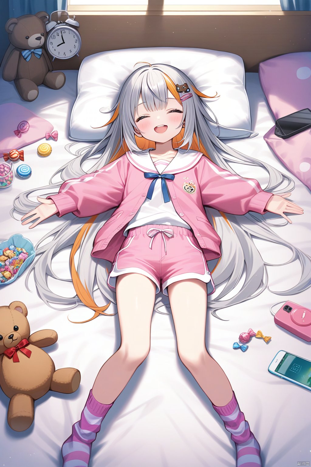 1girl, solo, striped socks, closed eyes, pillow, socks, long hair, lying, striped clothes, stuffed toy, shorts, stuffed animal, on back, food, smile, open mouth, pink shorts, facing viewer, hair ornament, candy, pink socks, phone, long sleeves, virtual youtuber, teddy bear, multicolored hair, hairclip, clock, upper teeth only, outstretched arms, grey hair, cellphone, full body, orange hair, very long hair, blush, :d, alarm clock