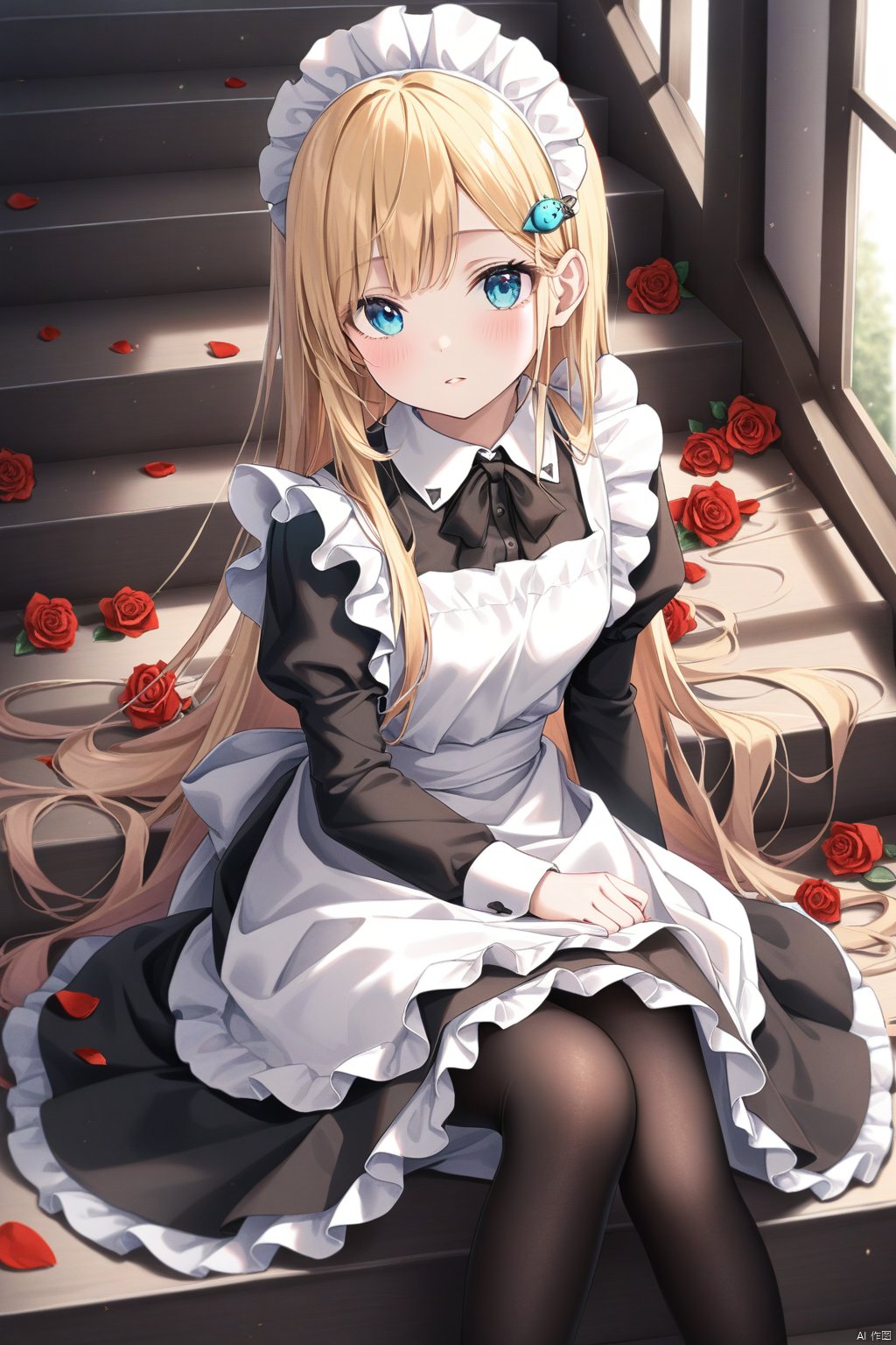 1girl, rose, solo, long hair, flower, maid, blonde hair, red rose, maid headdress, red flower, apron, pantyhose, looking at viewer, maid apron, petals, blush, dress, long sleeves, black pantyhose, sitting, blue eyes, stairs, black dress, frills, rose petals, parted lips, white apron, indoors, hair ornament