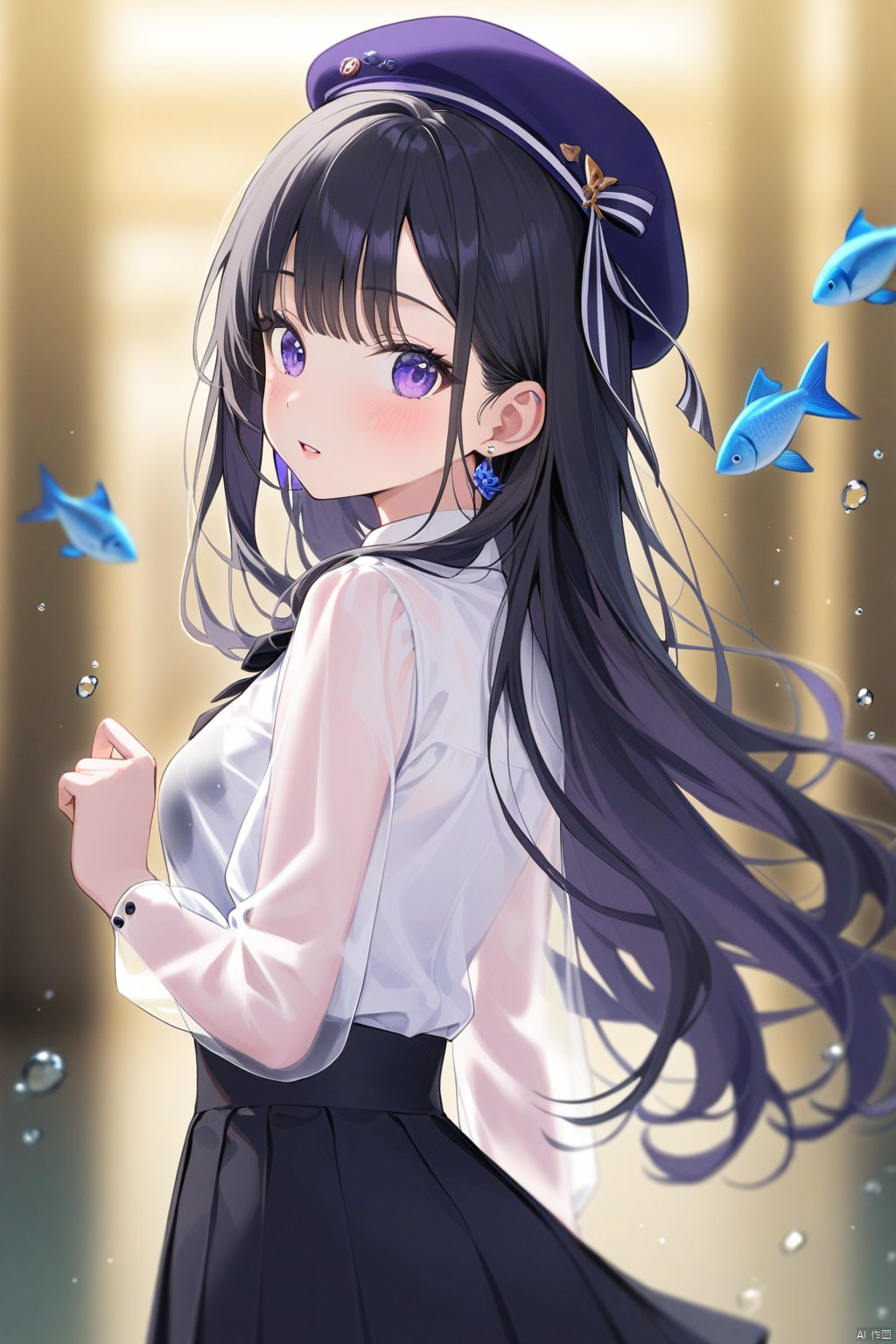 1girl, solo, long hair, black hair, skirt, looking at viewer, purple eyes, shirt, blurry, fish, see-through, black skirt, looking back, white shirt, hat, see-through sleeves, blush, parted lips, depth of field, beret, earrings, pleated skirt, breasts, ribbon, jewelry, blurry background