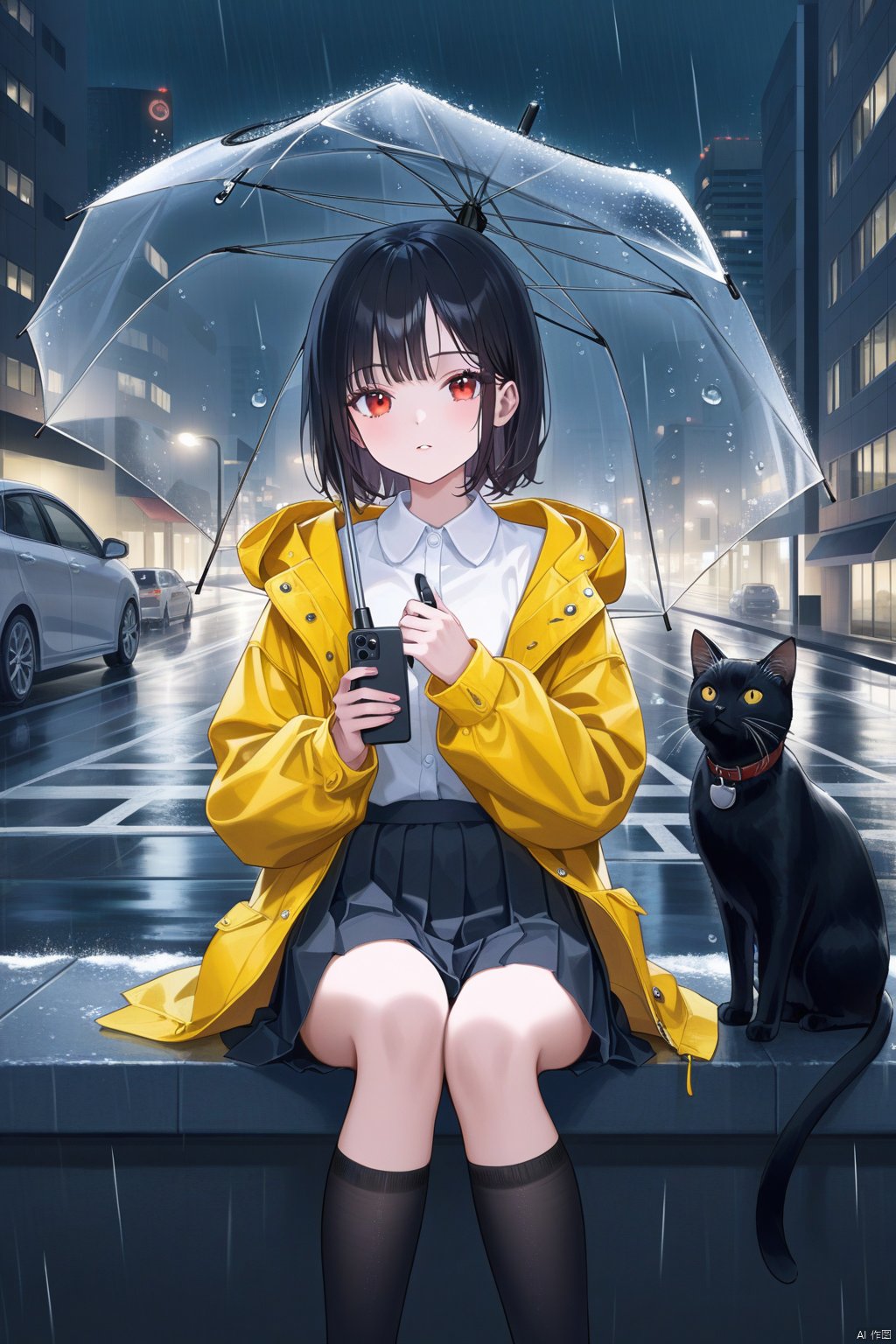 1girl, cat, umbrella, skirt, holding, socks, rain, short hair, black hair, solo, transparent, sitting, black cat, red eyes, motor vehicle, animal, outdoors, car, phone, transparent umbrella, jacket, snowing, black skirt, night, pleated skirt, yellow raincoat, white shirt, looking at viewer, kneehighs, shirt, black socks, city, hood, building, cellphone, open clothes, long sleeves, holding umbrella, snow