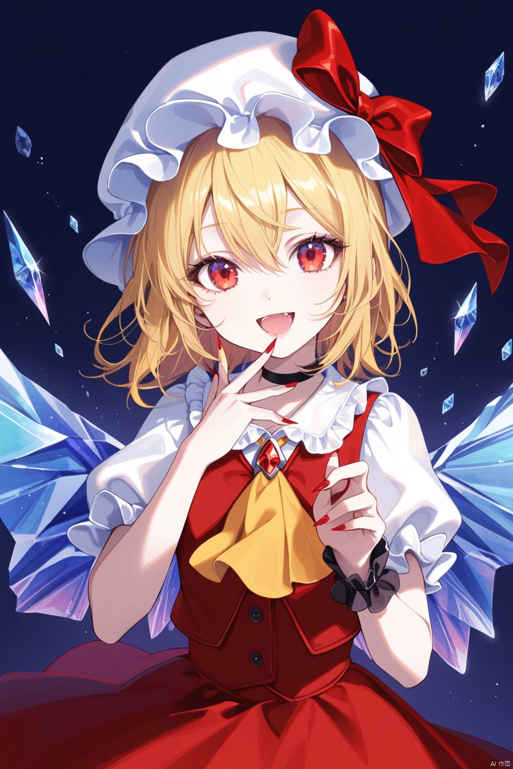 1girl, solo, mob cap, hat, flandre scarlet, red nails, blonde hair, red eyes, yellow ascot, skirt, vest, ascot, red skirt, white headwear, nail polish, shirt, red vest, looking at viewer, fingernails, frills, short sleeves, open mouth, white shirt, choker, crystal, ribbon, smile, wrist cuffs, sharp fingernails, hat ribbon, red ribbon, hair between eyes, puffy short sleeves, puffy sleeves, frilled shirt collar, wings