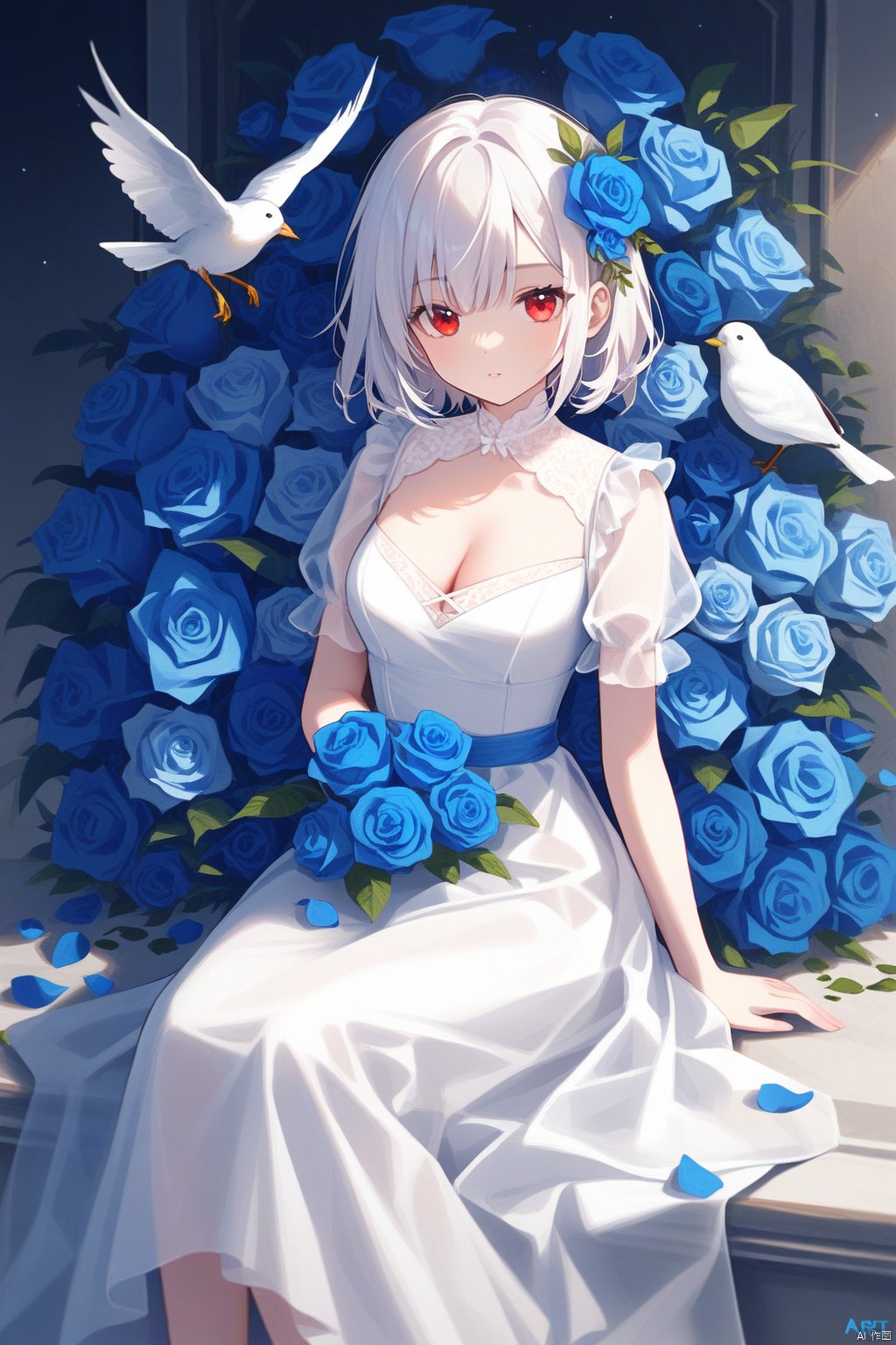 1girl, flower, solo, red_eyes, dress, breasts, looking_at_viewer, blue_flower, hair_ornament, white_hair, short_hair, rose, cleavage, short_sleeves, bird, hair_flower, sitting, artist_name, white_dress
