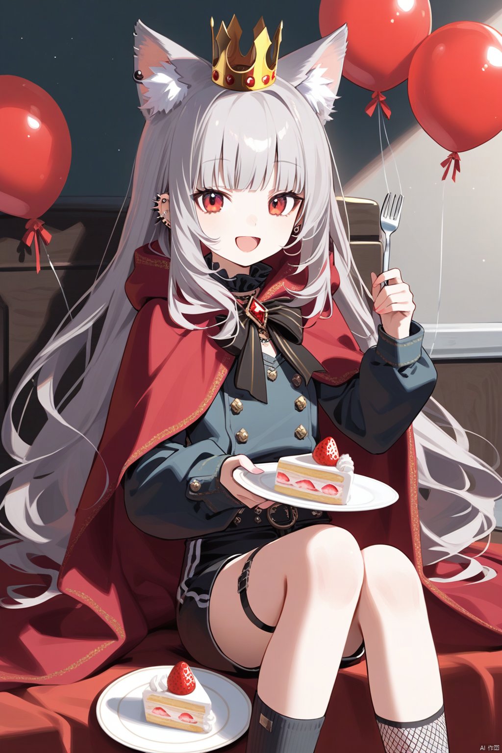 1girl, food, solo, cake, red eyes, crown, animal ears, holding, long hair, holding plate, holding fork, looking at viewer, smile, shorts, plate, sitting, grey hair, fork, open mouth, fruit, feet out of frame, bangs, strawberry, fishnets, socks, cape, shirt, fur trim, long sleeves, ear piercing, piercing, balloon, black shorts, red cloak,
