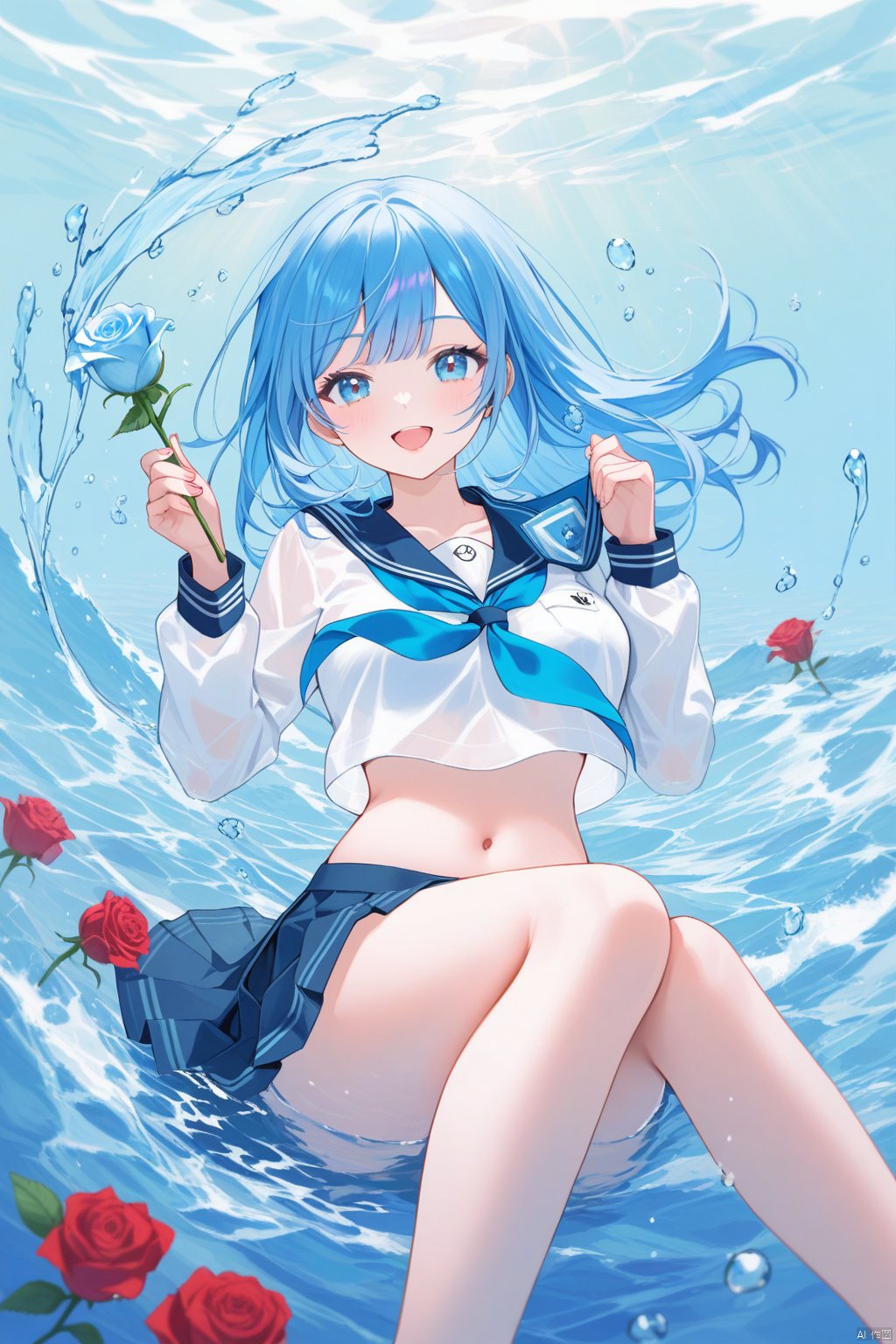 1girl, barefoot, solo, skirt, water, holding, blue_eyes, navel, shirt, school_uniform, sailor_collar, neckerchief, blue_skirt, white_shirt, looking_at_viewer, long_sleeves, pleated_skirt, blue_hair, smile, breasts, flower, serafuku, bare_legs, open_mouth, midriff, stomach, feet, crop_top, large_breasts, thighs, :d, miniskirt, blue_sailor_collar, rose, toes
