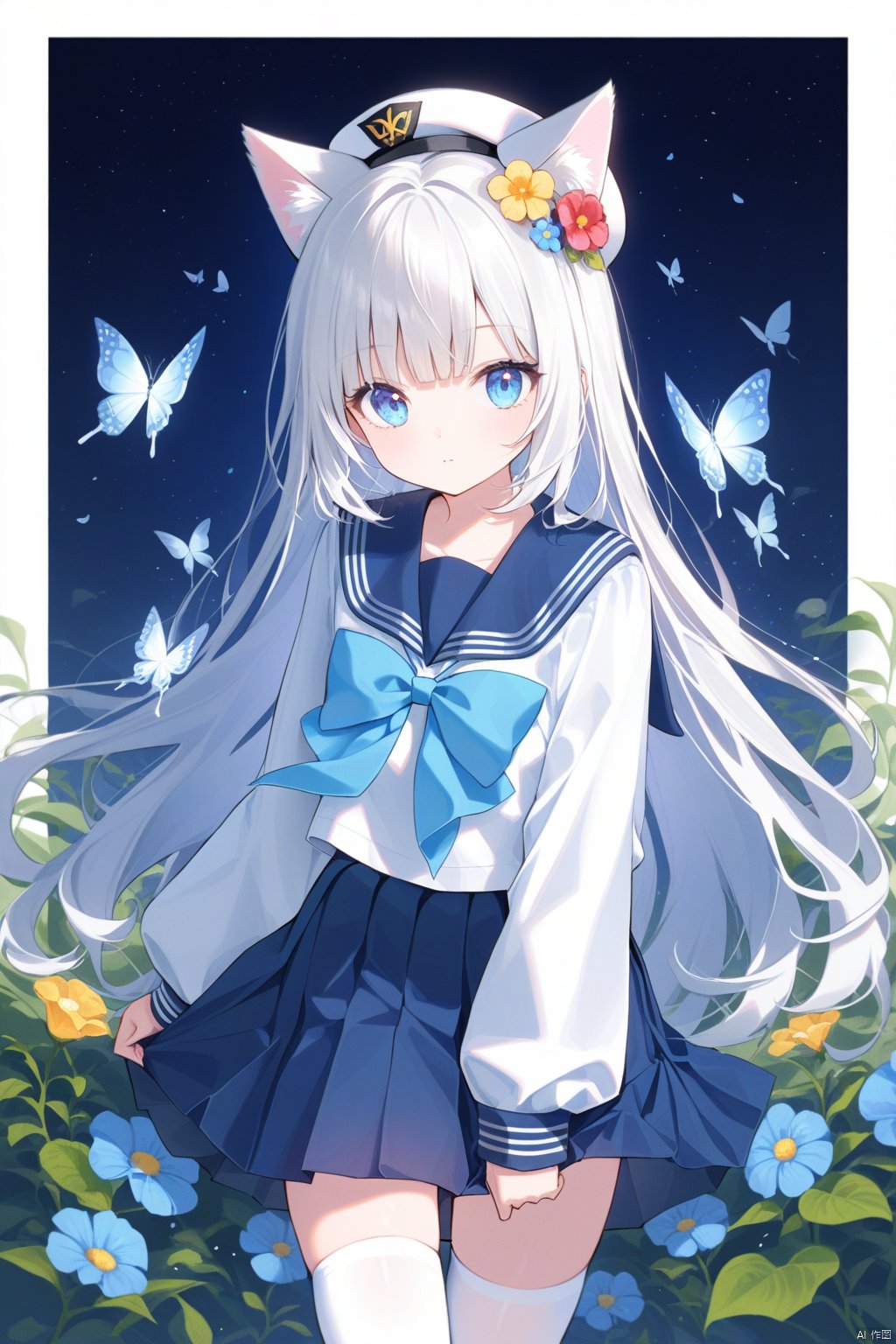 1girl, solo, skirt, thighhighs, blue_eyes, butterfly, animal_ears, sailor_collar, white_thighhighs, hat, hair_ornament, bug, white_hair, blue_skirt, flower, pleated_skirt, long_hair, school_uniform, long_sleeves, hair_flower, wings, blue_sailor_collar, serafuku, looking_at_viewer, closed_mouth, bow, shirt