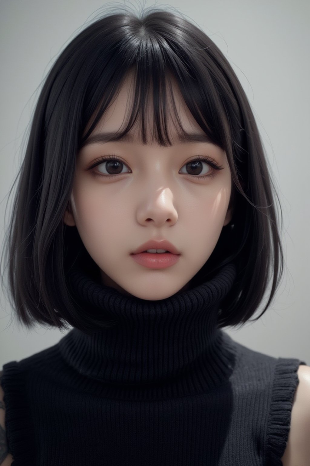 Raw photo. Sacred. Beloved. Pure, innocent, pure, 32 years old. Tattoo. Photorealistic portrait of a cute and pure Japanese girl with black bob hair. Kind. Emphasizing her innocence. She is wearing a black turtleneck sweater, which brings her features and facial expression into focus. The lighting is soft and natural, perfectly capturing her cuteness and purity without the distraction of the background. High resolution photo, soft focus lens, natural light, close-up composition, minimalist approach, attention to the texture and details of the sweater, highlighting her purity and innocence.