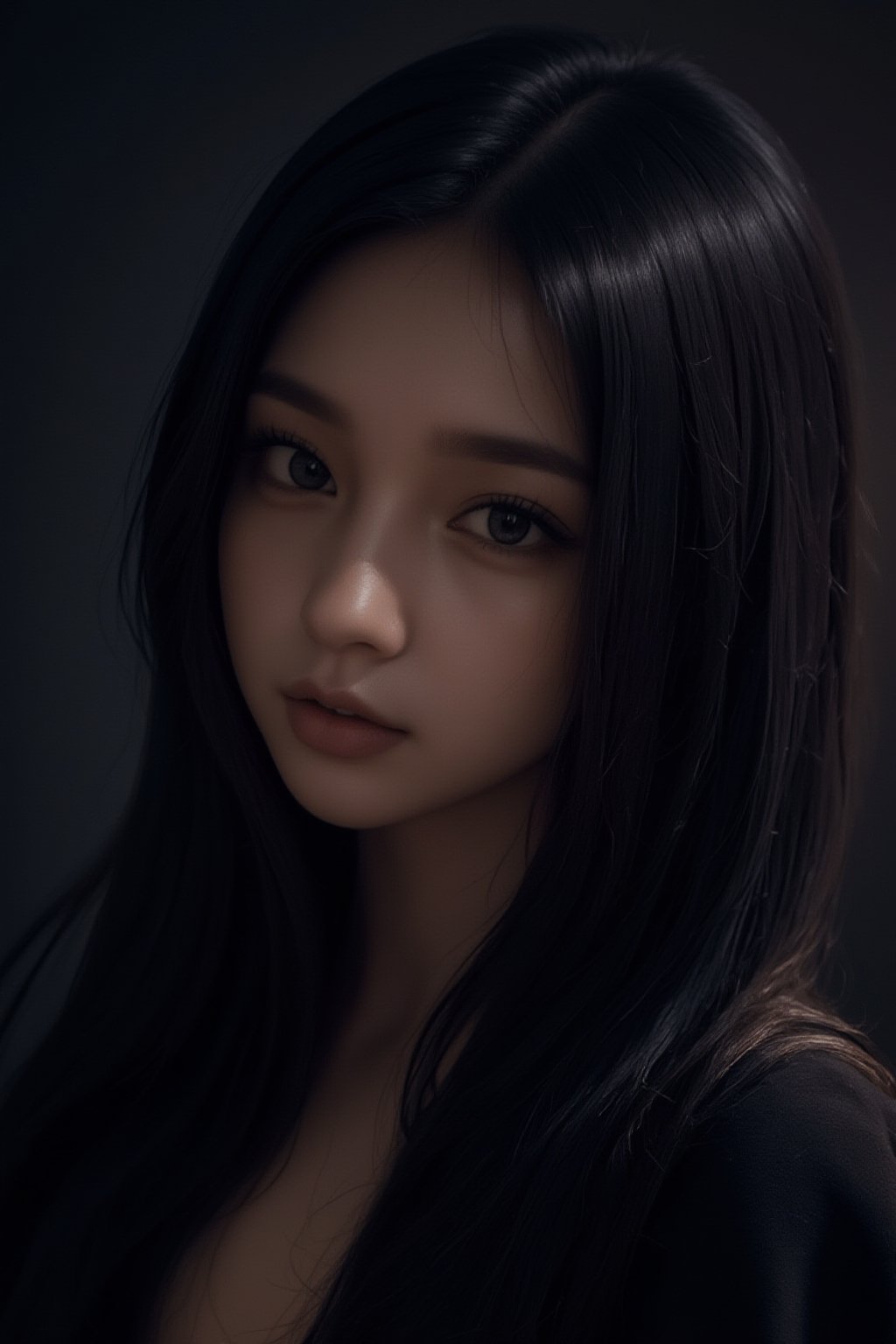 A stunning portrait of a girl with high detailed skin and luscious black hair, set against a dark background in a dimly lit room. Her gorgeous locks frame her puffy eyes, which seem to sparkle in the soft glow of rim lighting. The atmosphere is intimate and mysterious, as if captured on a dark night indoors.