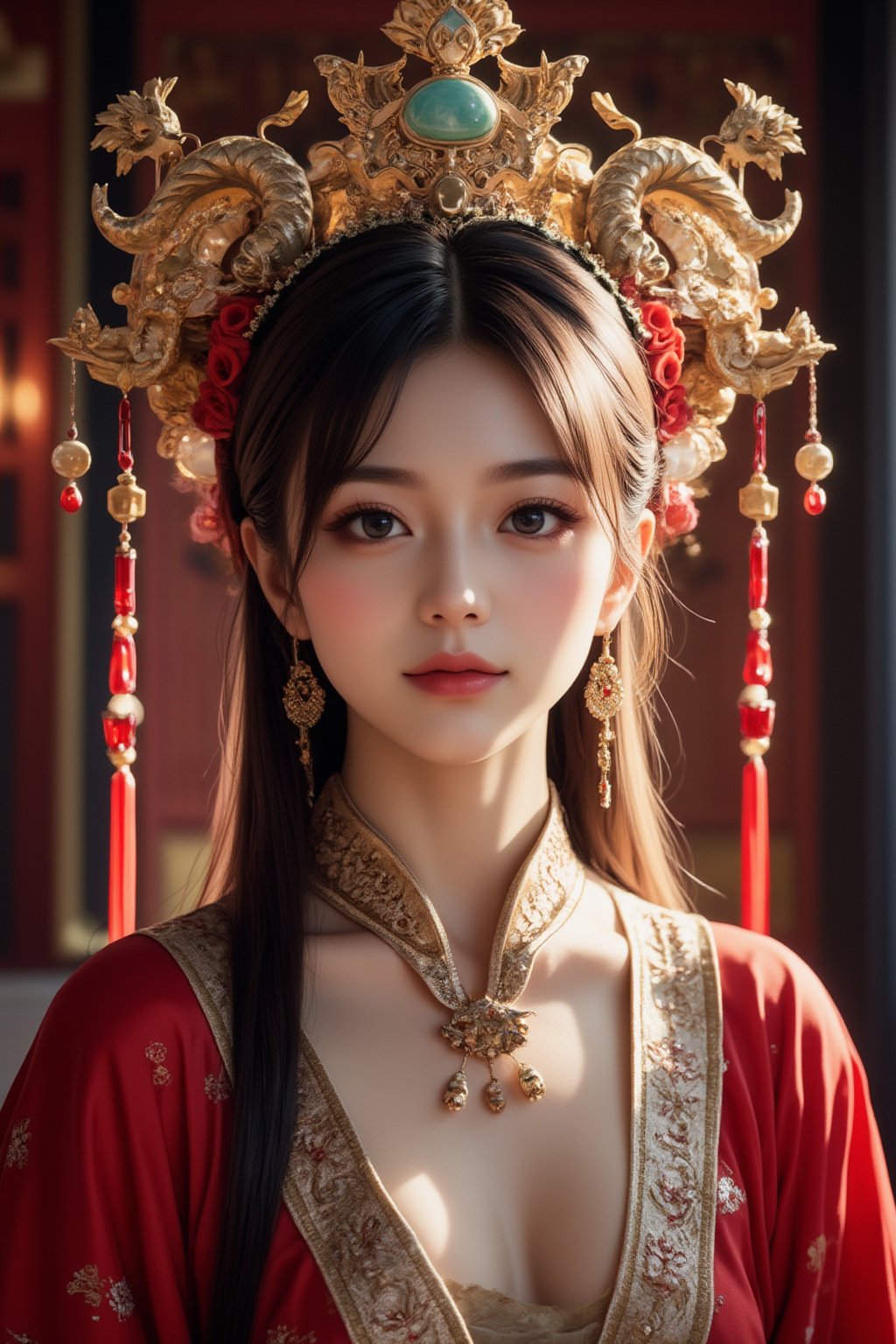 A stunning (korean woman), bangs-hairstyle ,cute-smile,wearing an opulent ancient Chinese empress costume,Her asian features, -brown eyes and fair skin, contrast beautifully with the ornate Chinese attire, Elaborate headdress adorned with gold filigree, jade beads, and hanging pearls, Intricate phoenix crown with delicate golden leaves and gemstones,Layered silk robes in rich red and gold, embroidered with dragons and auspicious symbols, Wide, flowing sleeves with detailed embroidery, Ornate collar piece studded with precious stones,Long blonde hair partially visible beneath the headdress,Beautiful woman,Photorealistic,Fantasy detailers 