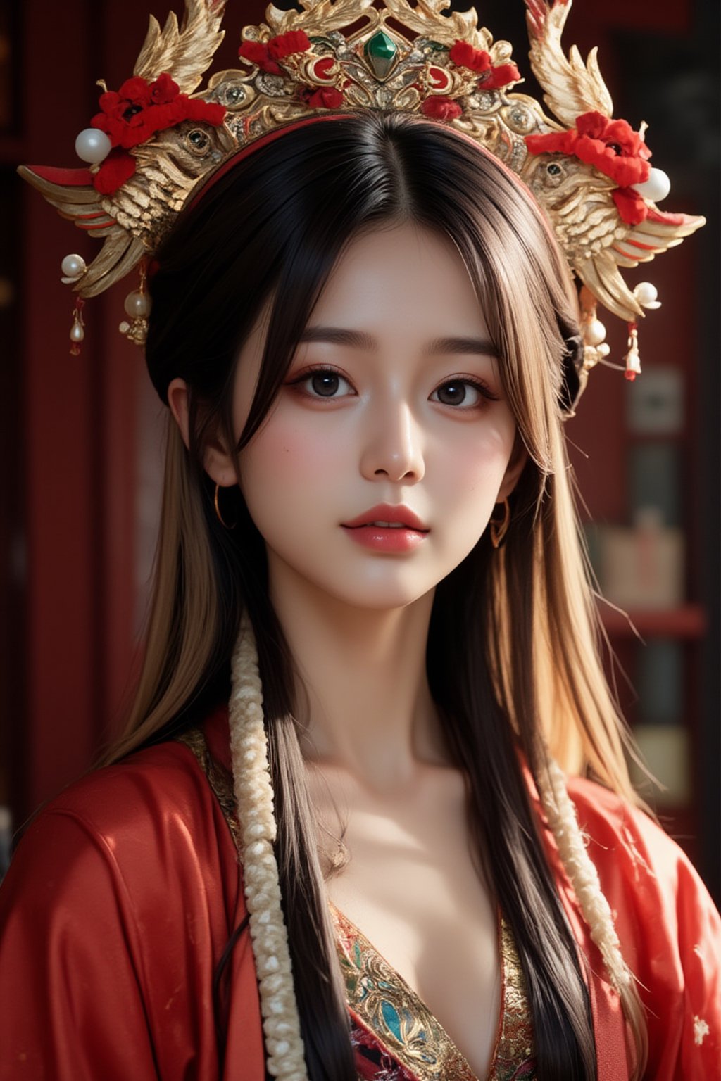 A stunning (korean woman), bangs-hairstyle ,cute-smile,wearing an opulent ancient Chinese empress costume,Her asian features, -brown eyes and fair skin, contrast beautifully with the ornate Chinese attire, Elaborate headdress adorned with gold filigree, jade beads, and hanging pearls, Intricate phoenix crown with delicate golden leaves and gemstones,Layered silk robes in rich red and gold, embroidered with dragons and auspicious symbols, Wide, flowing sleeves with detailed embroidery, Ornate collar piece studded with precious stones,Long blonde hair partially visible beneath the headdress,Beautiful woman,Photorealistic,Fantasy detailers 