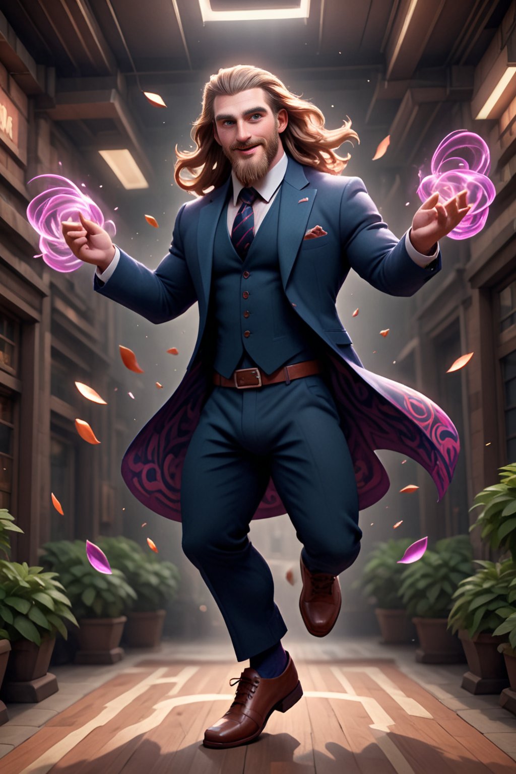  Herein, a magnificent Welsh gentleman with a majestic long beard, proudly donning masculine attire, stands out in an extraordinary scene. He's surrounded by vibrant, swirling patterns that seem to dance in mid-air, creating a mesmerizing display of dynamic energy. The composition is masterful, with Herin positioned at the center, his confident posture and bright smile radiating joy and enthusiasm. As the camera zooms in, the viewer is immersed in a world of wonder, where reality blends seamlessly with the fantastical, courtesy of Unreal Engine's cutting-edge ray-tracing technology. The 3D rendering is so lifelike that it feels like Herin might step out of the image at any moment, inviting us to join him on this thrilling adventure.