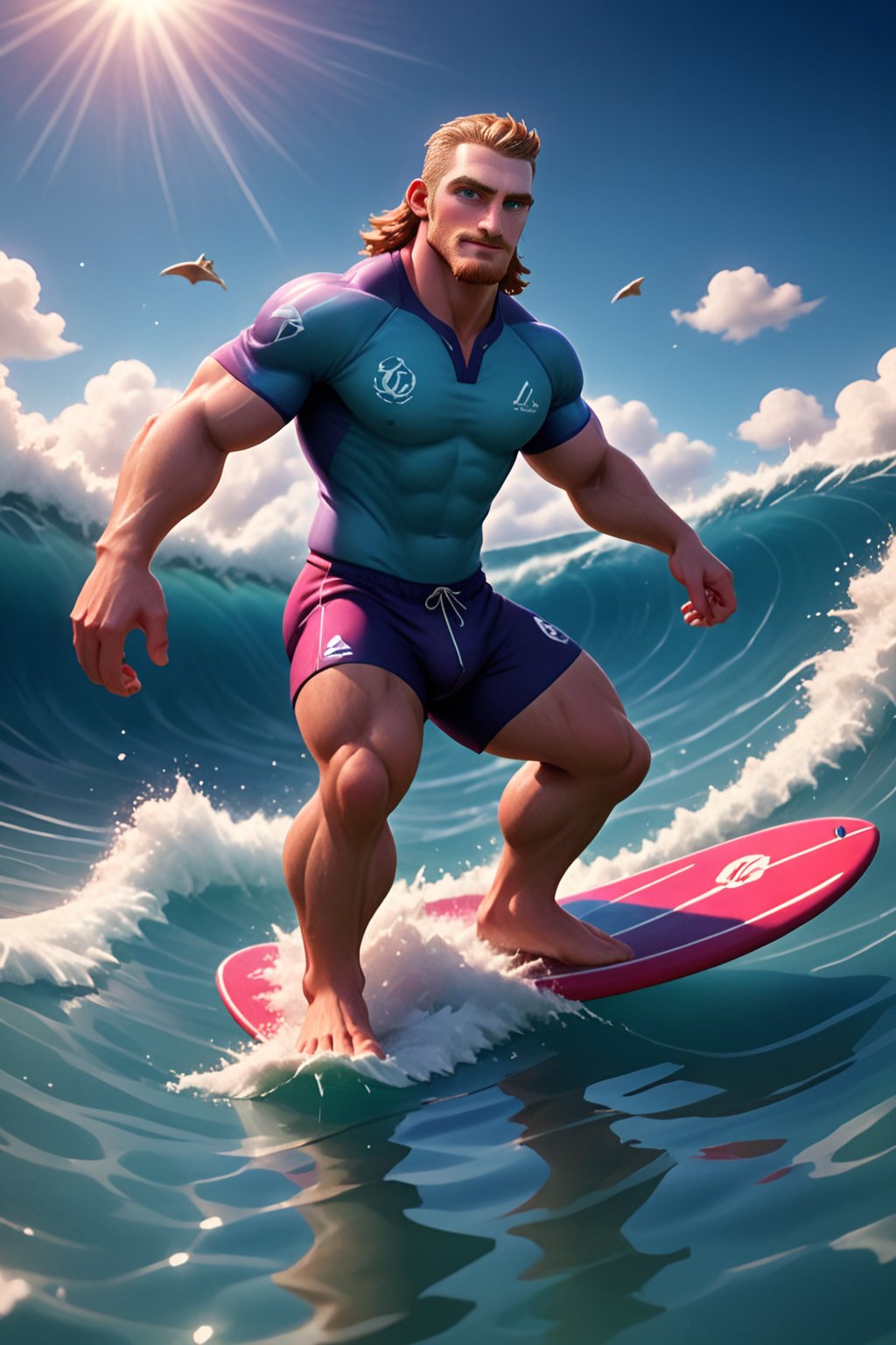 action-packed sports themed image of a welsh man called herin, realistic boarding surfing movement high waves in hawaii, crystraline water, wearing masculine surfer wear, focused, absurd vibrant, colorful, dynamic, epic masterpiece action-packet dramatic surfing scene rendered in Renderman, sky, lens flare, depth of field, epic speciall effect and vibrant colors by (ActionVFX), sports suring movie style, well-rendered surfboard, the best image in the world