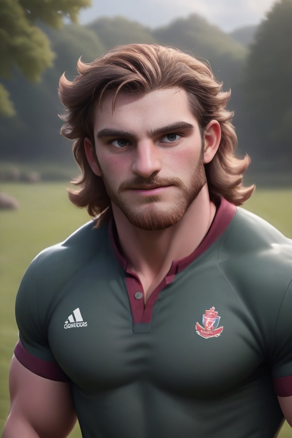 Here's the prompt:

Create an image of Herin, a dashing Welsh man with ruggedly handsome features, sporting brown messy wavy hair and facial hair, dressed in authentic rugby attire amidst an outdoor setting. Focus on capturing the natural textures and colors, showcasing his vibrant and colorful surroundings with a deep depth of field, emphasizing the rustic charm.