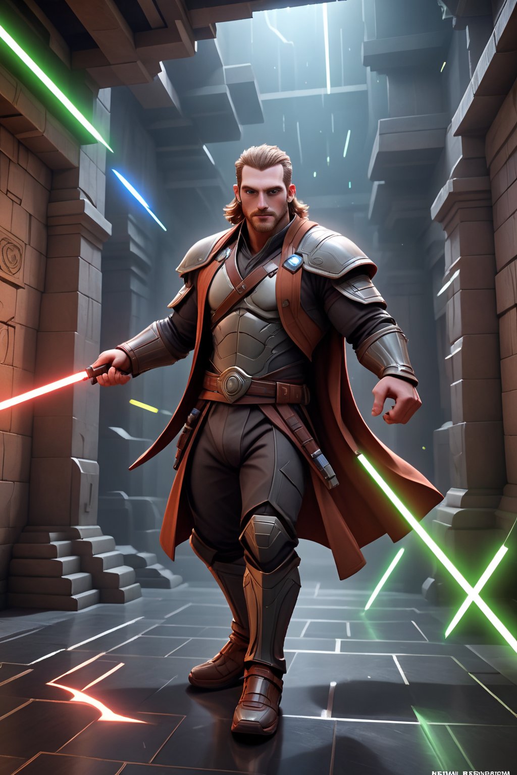 In a thrilling scene within the Jedi Temple's ancient walls, Herin, a Welsh Master Jedi, unleashes a dynamic action sequence. He stands proudly, dressed in masculine attire, as ray lights dance across his figure. The fantastical futurism-inspired setting is bathed in an otherworldly glow, with unusual shapes and structures surrounding him. A masterpiece of creative composition, this UHD image bursts with joy, super fun, and impressive. Never seen before, Herin's Jedi move is a testament to the power of Unreal Engine's ray-tracing capabilities, bringing 3D visuals to life in a truly unique way.