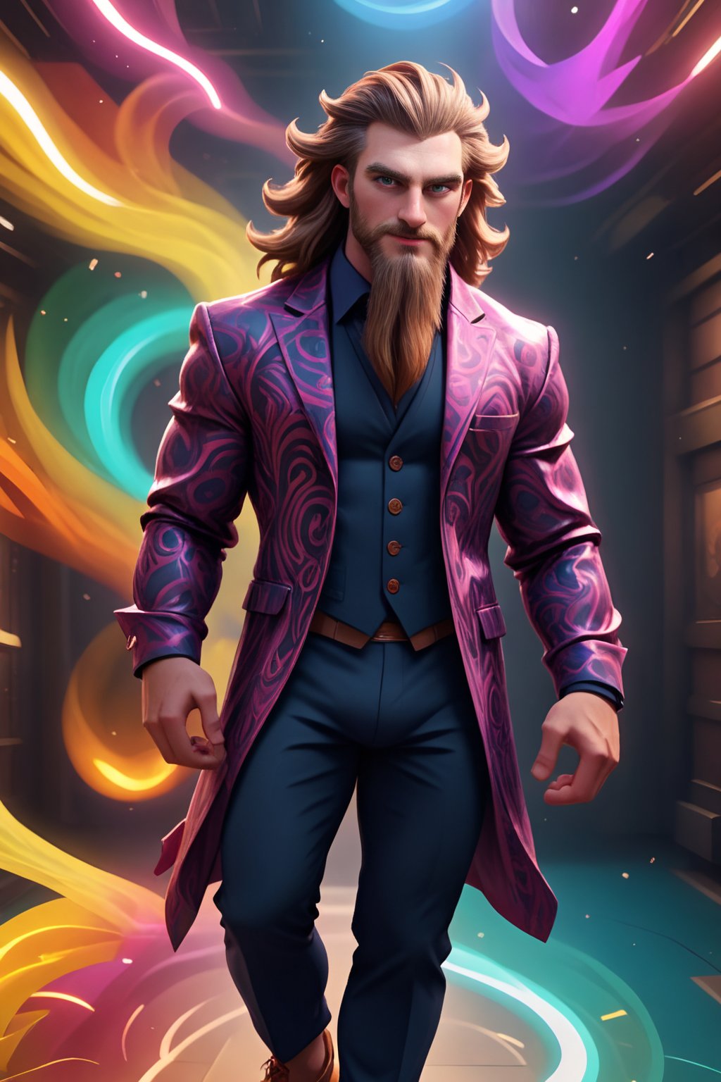 Herein, the Welsh man with a magnificent long beard, stands proudly in front of a vibrant, swirling background, his masculine attire and confident pose exuding a sense of dynamic energy. The lighting is bold and bright, with rays of light dancing across his face and clothes. His eyes sparkle with joy as he gazes out at the viewer, surrounded by fantastical, 3D-generated shapes that seem to leap off the screen in stunning UHD detail, thanks to ray-tracing technology. This image is a true masterpiece of creativity and originality, a one-of-a-kind surprise that's never been seen before!