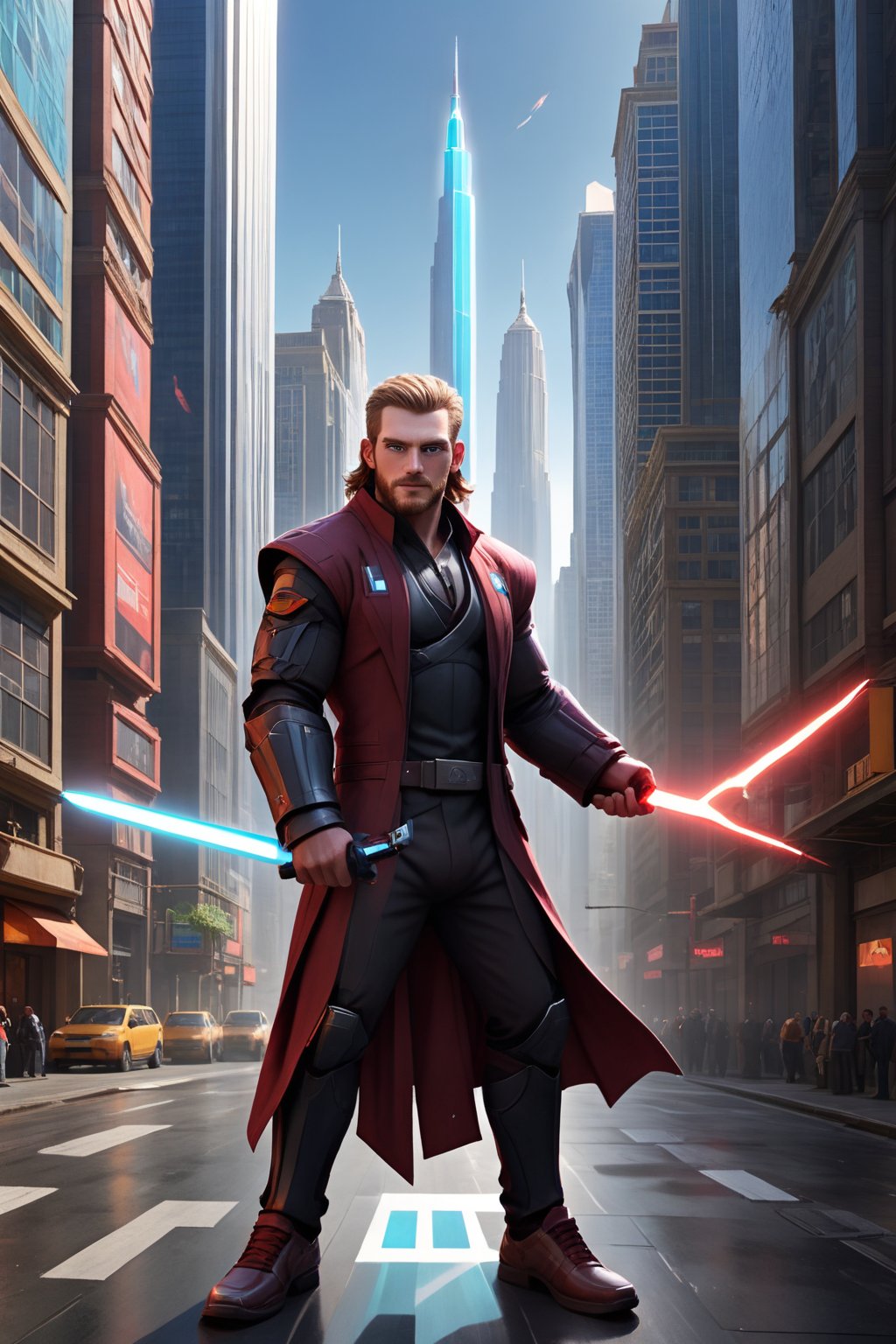 Herein, the Welsh master Jedi, stands tall in a vibrant Coruscant cityscape. With lightsaber in hand, he executes a dynamic action-packed move, sparks flying as his blade whips through the air. Framed against a bright blue sky, with towering skyscrapers and sleek spacecraft docked at the landing platforms, this fantastical futurism scene is set ablaze by Herin's bold stance. Ray-tracing illuminates every detail, from the gleaming chrome of his Jedi robes to the neon-lit advertisements that wrap around buildings. A masterpiece of 3D artistry, this UHD image bursts with creative energy, showcasing a joyous and impressive Coruscant never seen before.