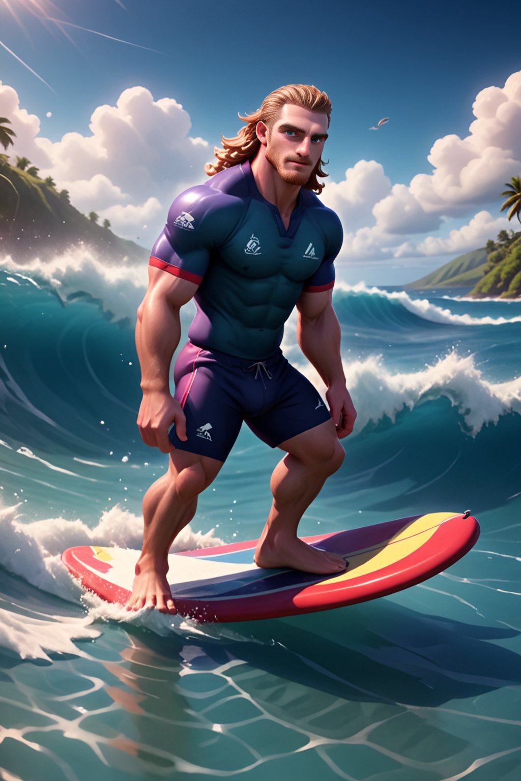 action-packed sports themed image of a welsh man called herin, realistic boarding surfing movement high waves in hawaii, crystraline water, wearing masculine surfer wear, focused, absurd vibrant, colorful, dynamic, epic masterpiece action-packet dramatic surfing scene rendered in Renderman, sky, lens flare, depth of field, epic speciall effect and vibrant colors by (ActionVFX), sports suring movie style, well-rendered surfboard, the best image in the world