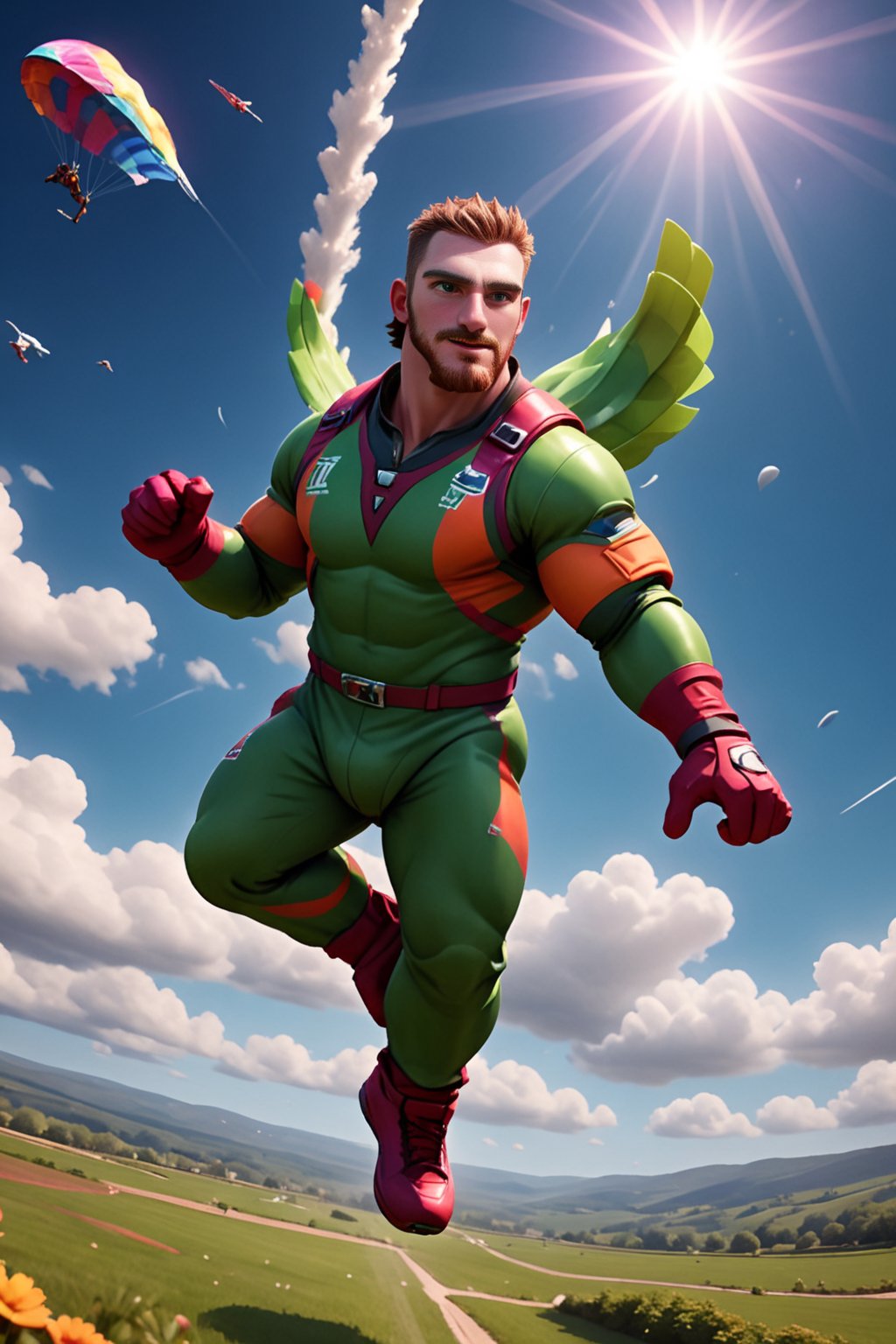 action-packed sports themed image of a welsh man called herin, realistic falling from sky movement , radical sports, majestic sky, intense solarflair, wearing masculine skydiver wear,  absurd vibrant, colorful, dynamic, epic masterpiece action-packet dramatic radiacal sports skydivingscene rendered in Renderman, sky, lens flare, depth of field, epic speciall effect and vibrant colors by (ActionVFX), exceptional radical sports skydiving movie style, well-rendered skydiving, the best image in the world