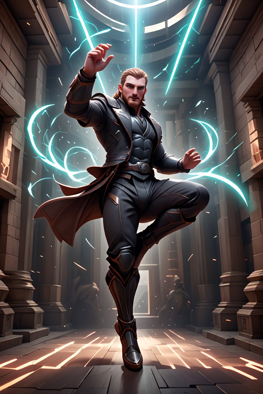  Herein, the Welsh Jedi master, dressed in masculine attire, executes a swift and powerful action-packed move within the ancient walls of the Jedi Temple. A burst of ray lights illuminates his majestic figure as he leaps through a swirling vortex of fantastical futurism. Unusual shapes and dynamic forms dance around him, set against a masterpiece of creative composition. The image is rendered in stunning UHD, with intricate details and textures achieved through cutting-edge Unreal Engine technology and advanced ray-tracing capabilities. 3D elements come together to form a super fun and joyous visual experience, leaving the viewer in awe of its greatness and impressiveness - a truly never-before-seen masterpiece.