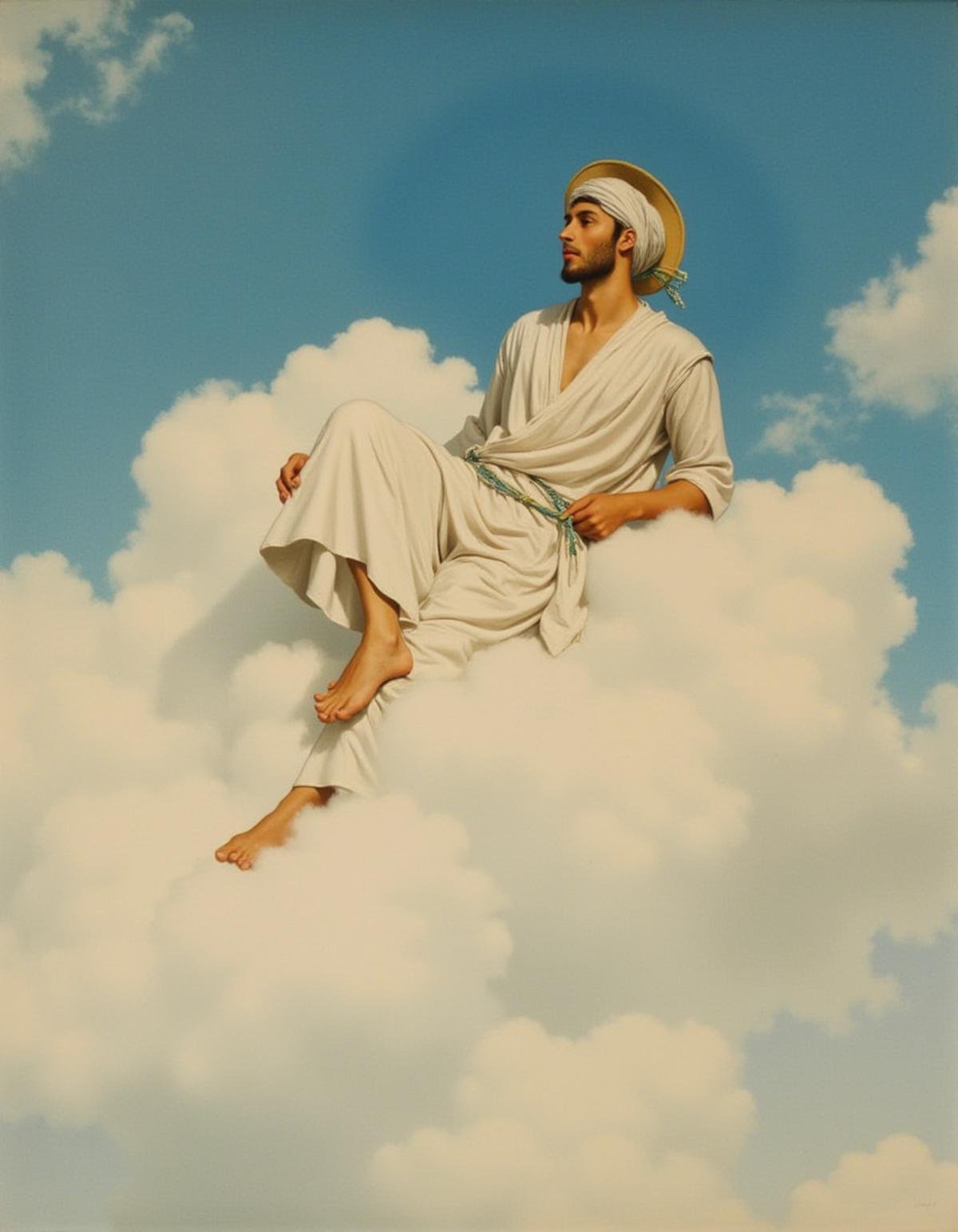 art by John William Godward and Modern Disney, (Man:1.2) , elegant, wearing spring djellaba, perched on a cloud, <lora:Jllaba_Flux:1> drr-jlb