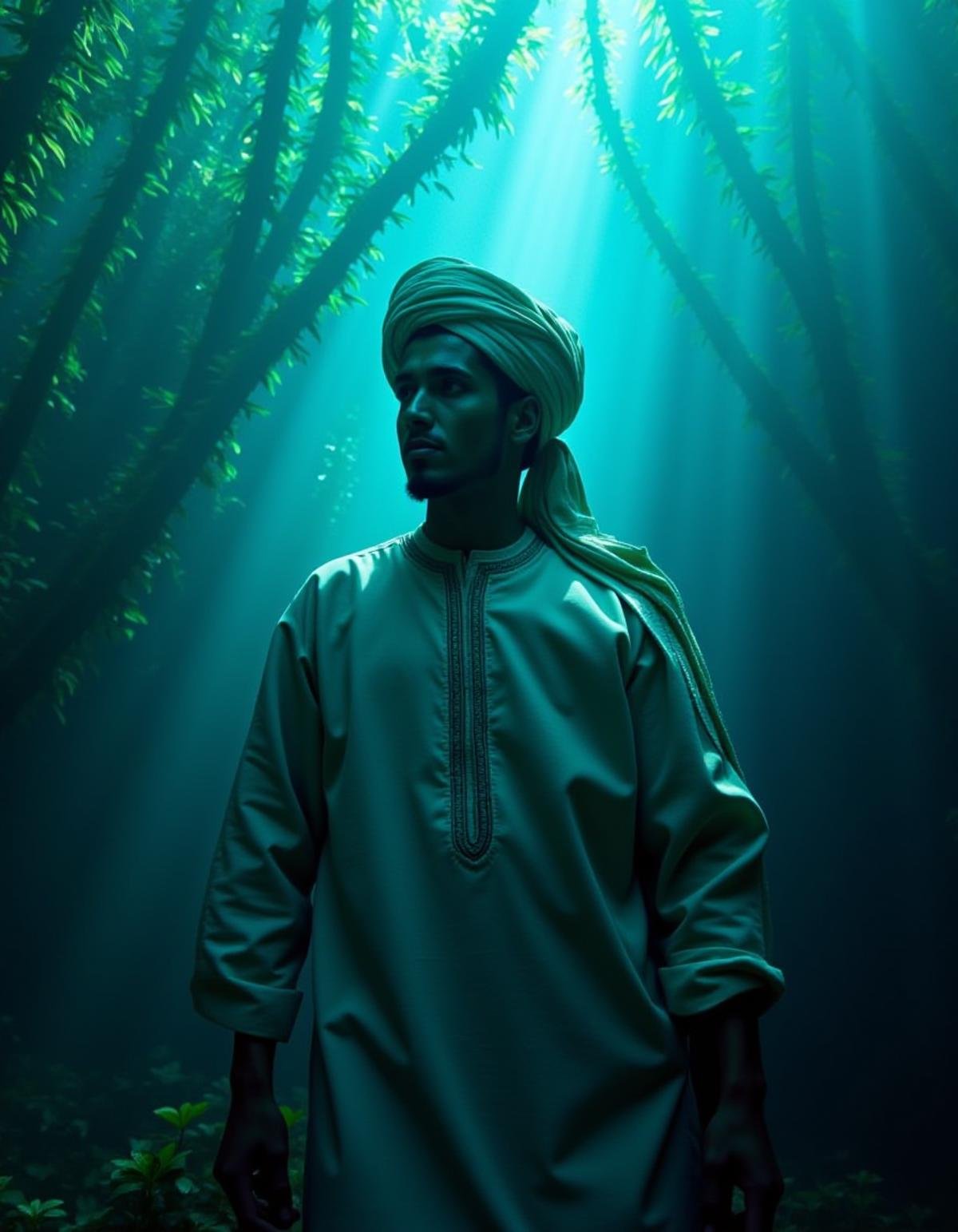 wearing djellaba, male, [designed by Anatoly Metlan: Franco Fontana:4], baroque art, 3D Game art, hyper detailed, landscape of a 1980'S ([Hvar|Phnom Penh]:1.2) and Tanzanian Underwater kelp forest, background, Spiritual, Industrial Art, Side lighting, atmospheric perspective, manly, calm, <lora:Jllaba_Flux:1> drr-jlb, ambient illumination, dynamic cinematic color, epic atmosphere, rich vivid colors, cinematic atmosphere, dynamic dramatic atmosphere