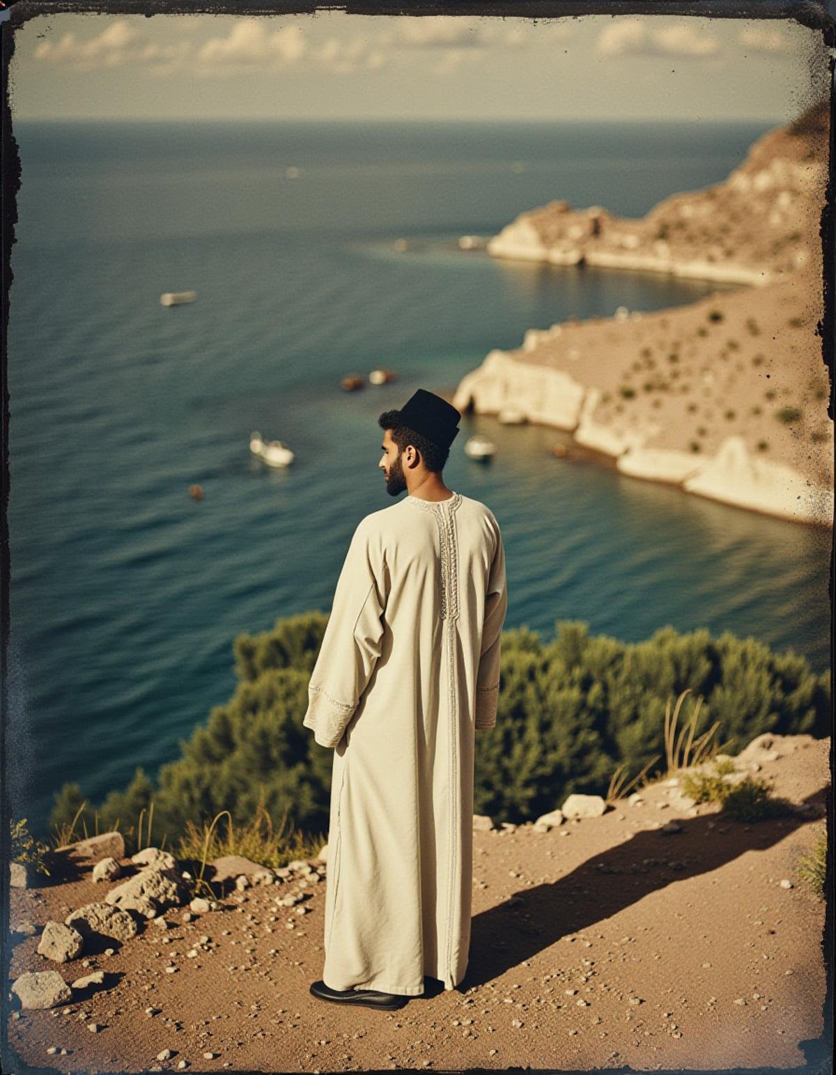 wearing djellaba, male, (stylized by Gary Bunt:1.1) , low contrast art, fantasy Tintype Print, Color splash, Collodion Print of a landscape of a Glistening Cove, Hermitpunk, Depth of field 100mm, Dark hue, <lora:Jllaba_Flux:1> drr-jlb, grand illumination, vibrant, excellent composition, extremely stylish, very coherent