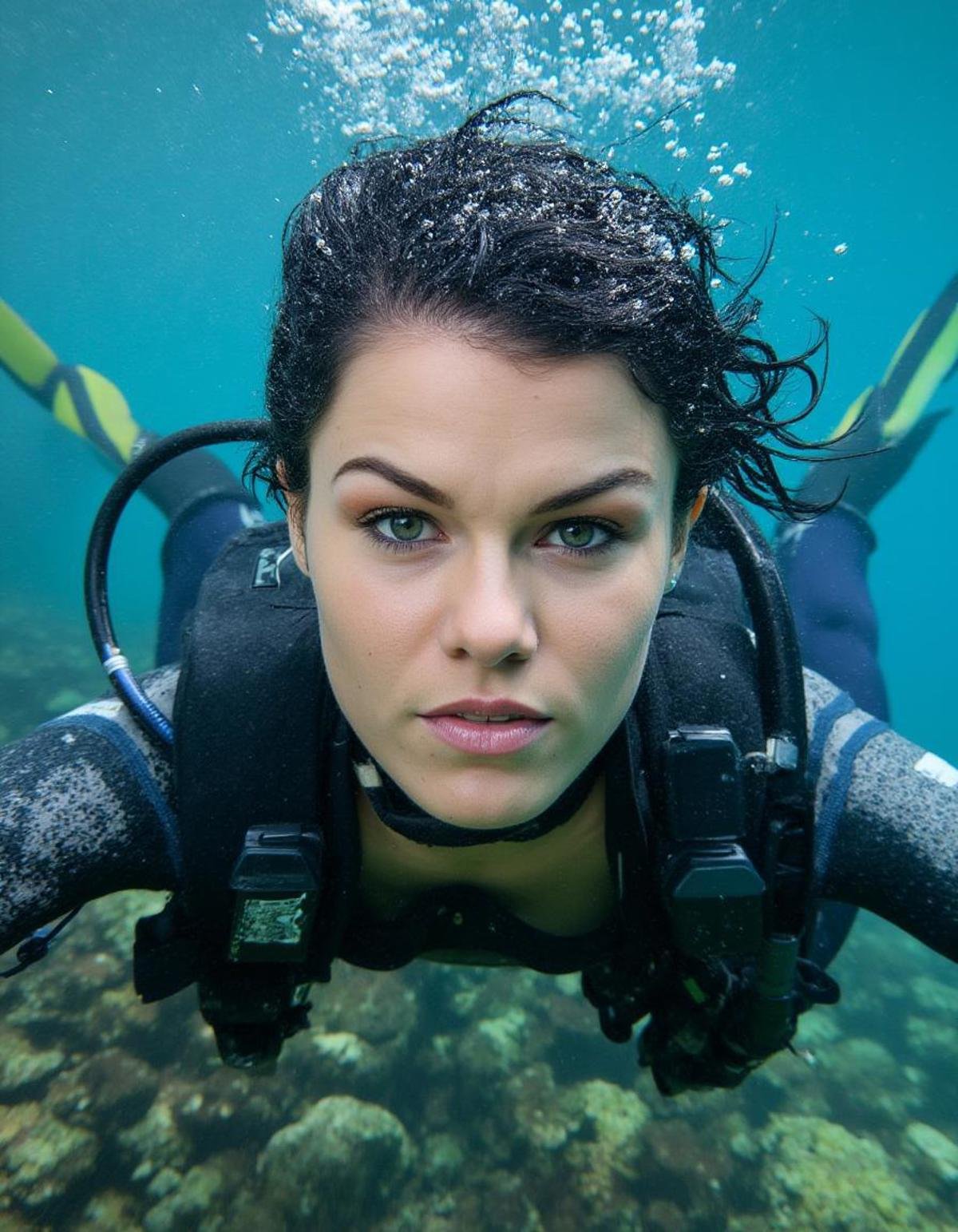 amateur photo of Peta Jensen swimming underwater through a coral reef with her wet black hair swaying in the bubbly water, she is wearing a wetsuit with diving gear and looking directly at the camera, <lora:petajensen_flux:1>