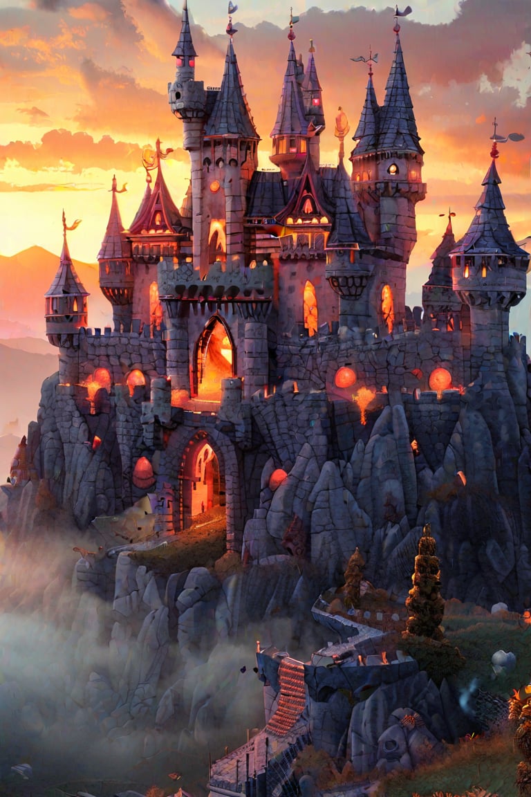 A majestic 3D castle rises from a misty valley, its stone walls glowing with a warm, golden light as the sun sets behind. The camera captures a sweeping aerial view of the sprawling structure, with towers and turrets reaching for the sky like giant's fists. The air is thick with mystery and ancient secrets.