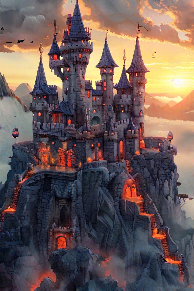 A majestic 3D castle rises from a misty valley, its stone walls glowing with a warm, golden light as the sun sets behind. The camera captures a sweeping aerial view of the sprawling structure, with towers and turrets reaching for the sky like giant's fists. The air is thick with mystery and ancient secrets.