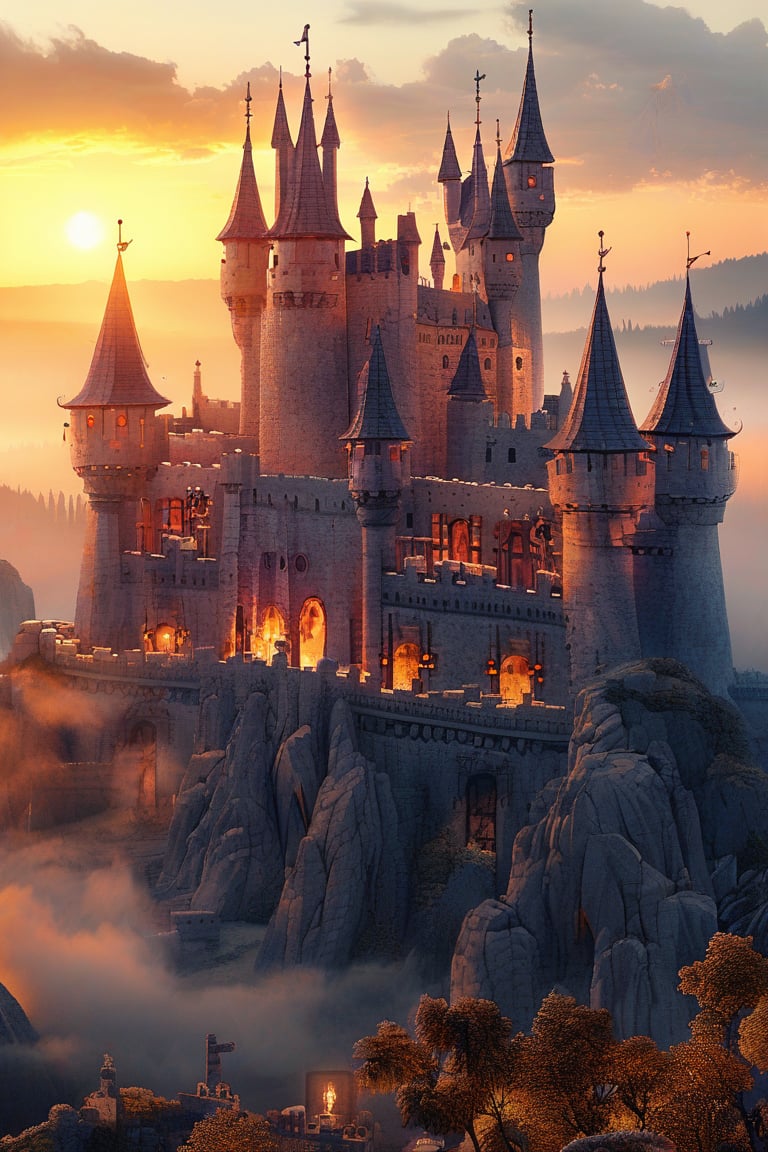 A majestic 3D castle rises from a misty valley, its stone walls glowing with a warm, golden light as the sun sets behind. The camera captures a sweeping aerial view of the sprawling structure, with towers and turrets reaching for the sky like giant's fists. The air is thick with mystery and ancient secrets.