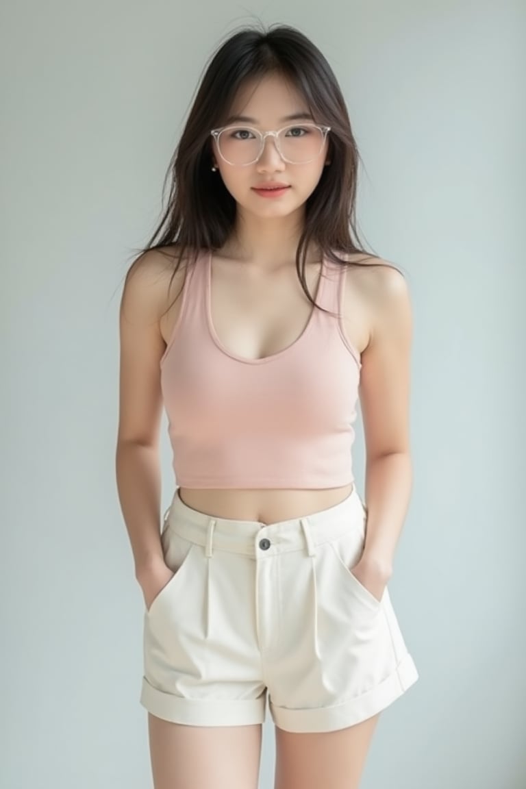 Korean Girl, Front view shot, Proportional Body, Wide Angle Camera, Full Body, Natural Light, Shadow, Photo Studio, Pastel Color Tanktop, Short Pants, Eye Glasses,