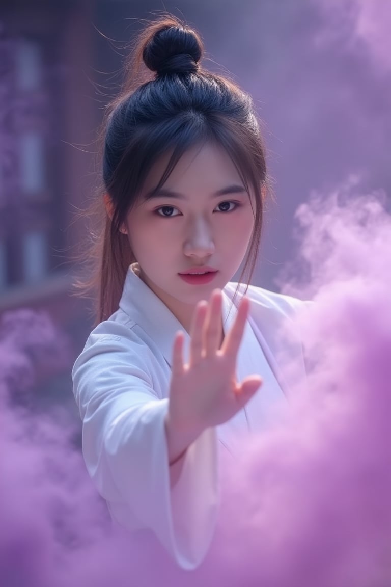 uhd, epic, cinematic still frame, sharp focus, craft a hyper realistic photo of most attractive and beautiful Korean Girl, (beautiful face)、(((1 juvenile,full bodyesbian,tear-mole:)))full bodyesbian,Sharp eyes,Clear facial features,wearing a lace hanfu,White robe,Fighting,Strong dynamic posture,The body is surrounded by purple mist,Runes surround you,tai chi martial arts action,Holographic reality,holographic halo,dynamic blur,Game lighting effects,rim-light,Soft light,cinematic rim light,The light is delicate, Qi explosion,