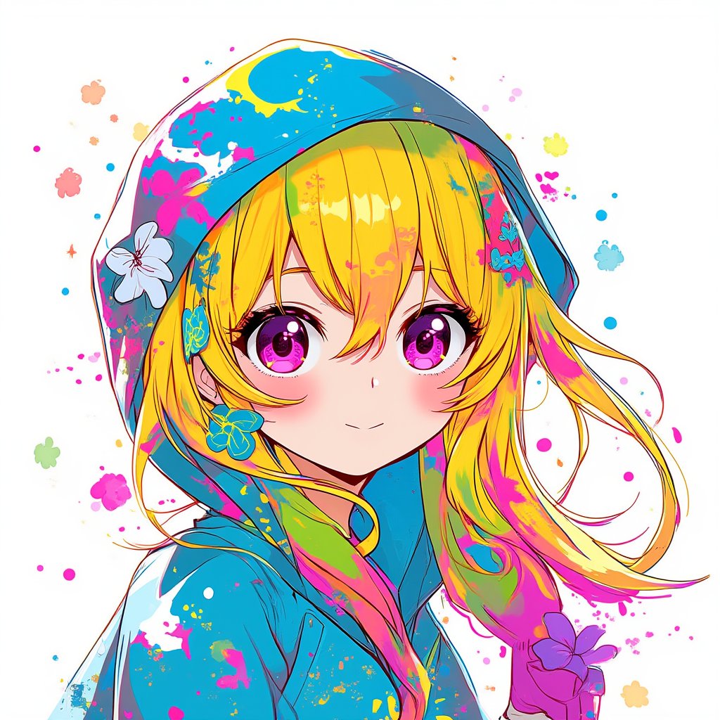 japanese cool anime,1girl,long blonde hair, Colorful pop art, , brightly, Beautiful purple Eyes, light blue hood with white flower logo, maximalism designemo, dal-6 style, Color Splash,upper body,white background,niji