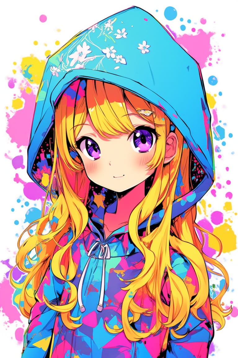 japanese cool anime,1girl,long blonde hair, Colorful pop art, , brightly, Beautiful purple Eyes, light blue hood with white flower logo, maximalism designemo, dal-6 style, Color Splash,upper body,white background 