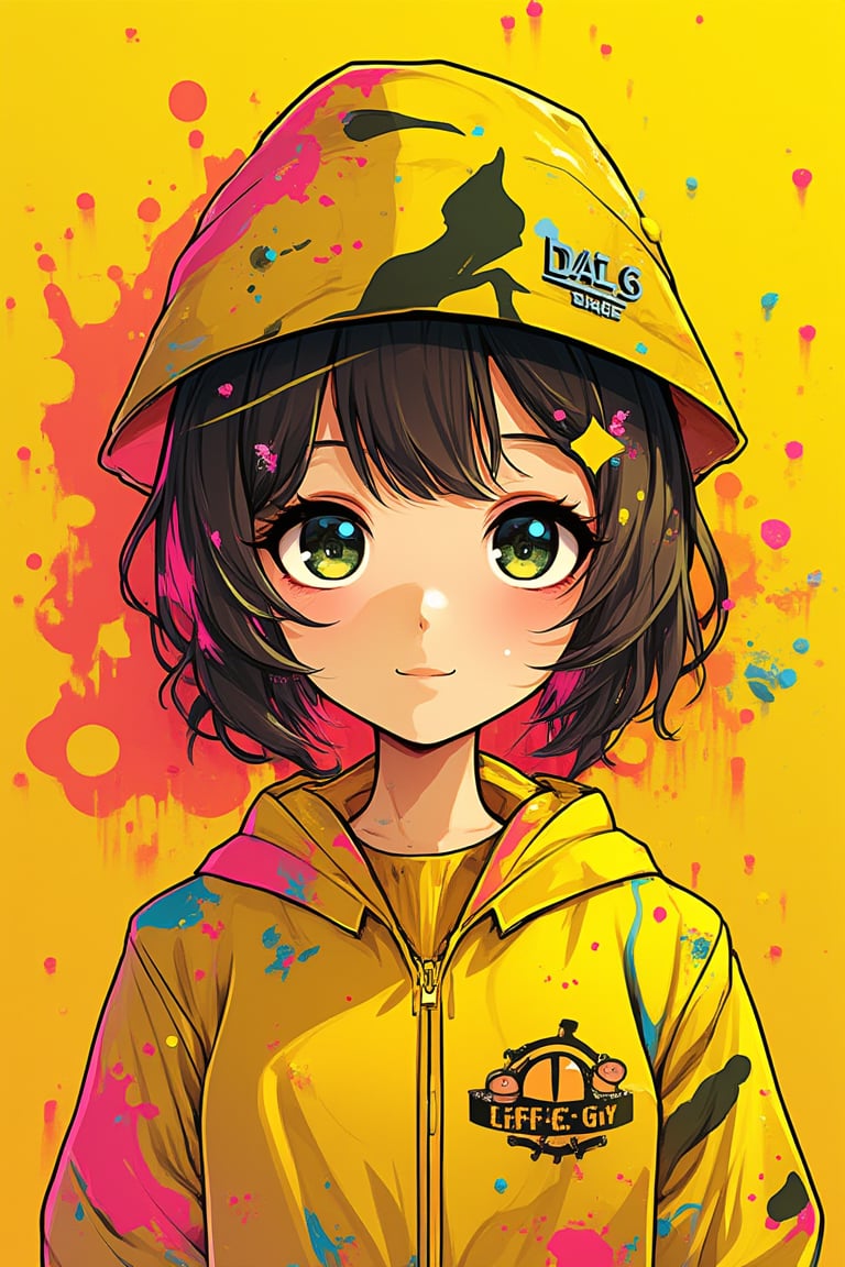 japanese cool anime,1girl, Colorful pop art, yellow honey candy pop, lollipop punk, brightly colored honey candy, emo yelow lolita girl, Beautiful Eyes, Yellow hood with bee logo, maximalism designemo, dal-6 style, Color Splash,niji