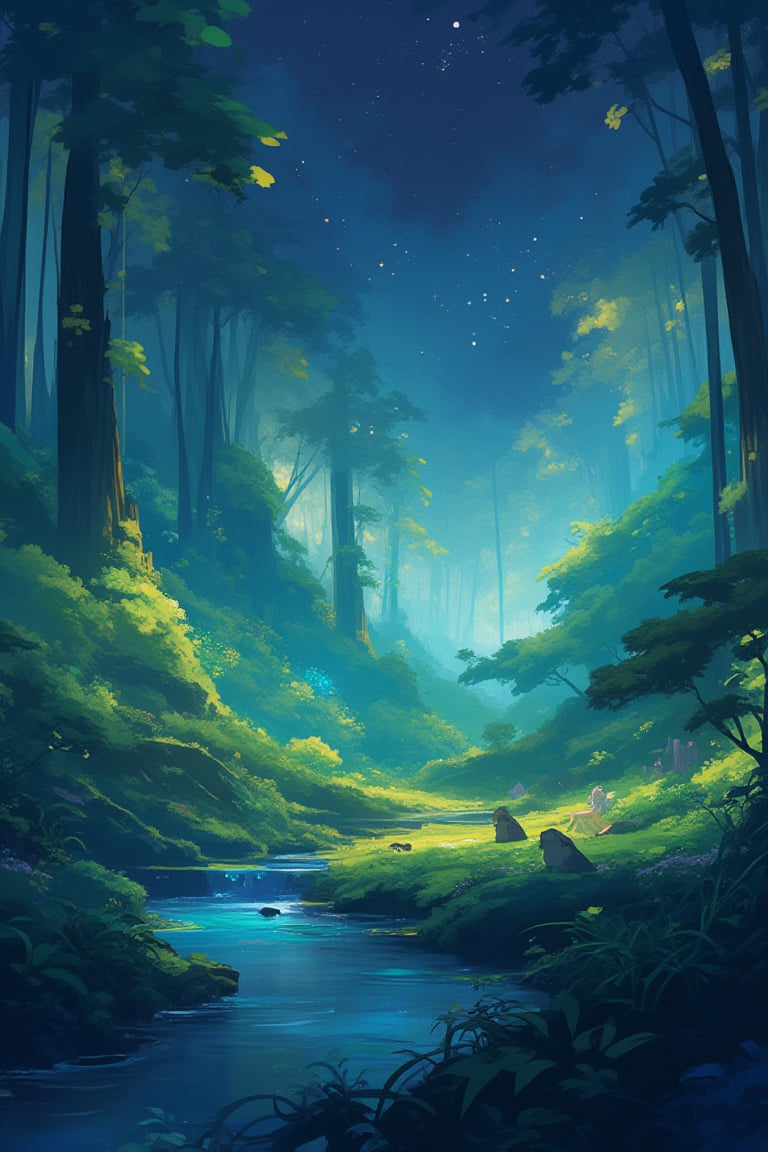 Viral anime nature wallpaper in 4K quality, in the style of digital illustration inspired by Hayao Miyazaki, featuring a serene forest with towering ancient trees, dappled sunlight filtering through the leaves, a gentle stream flowing through the scene, and mystical creatures peeking from behind the foliage; vibrant and warm color temperature, cosmos lighting with stars twinkling in the sky, no human characters, the atmosphere is tranquil and enchanting --v 5 --stylize 1000