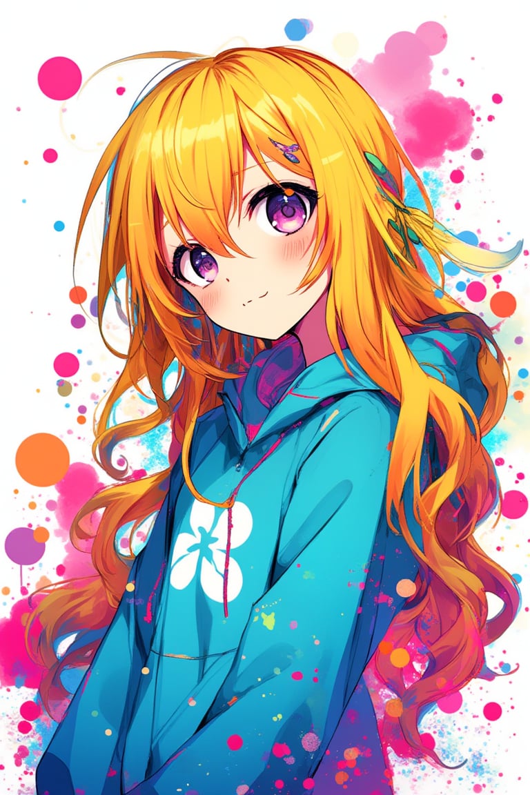 japanese cool anime,1girl,long blonde hair, Colorful pop art, , brightly, Beautiful purple Eyes, light blue hood with white flower logo, maximalism designemo, dal-6 style, Color Splash,upper body,white background,niji