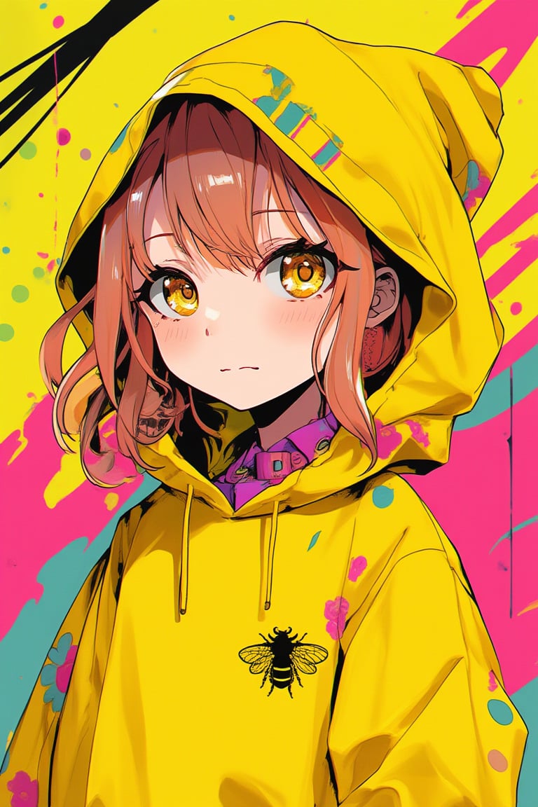 japanese cool anime,1girl, Colorful pop art, yellow honey candy pop, lollipop punk, brightly colored honey candy, emo yelow lolita girl, Beautiful Eyes, Yellow hood with bee logo, maximalism designemo, dal-6 style, Color Splash,niji