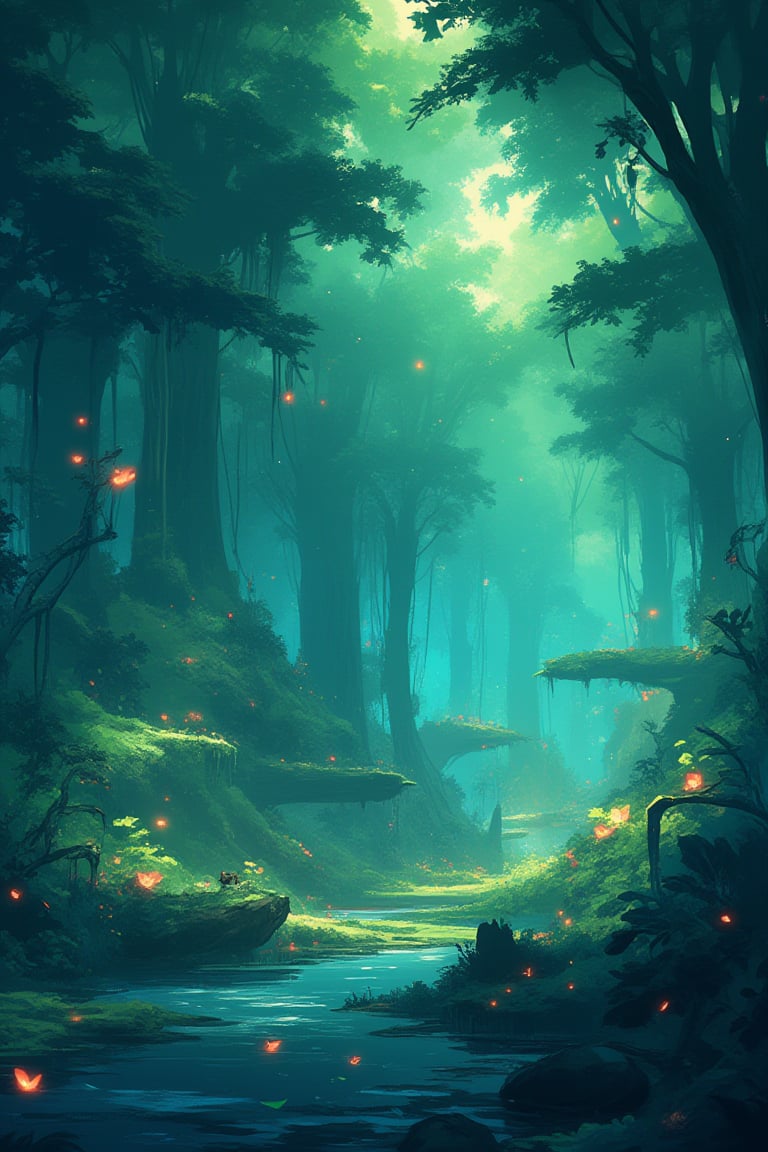 Viral anime nature wallpaper in 4K quality, in the style of digital illustration inspired by Hayao Miyazaki, featuring a serene forest with towering ancient trees, dappled sunlight filtering through the leaves, a gentle stream flowing through the scene, and mystical creatures peeking from behind the foliage; vibrant and warm color temperature, cosmos lighting with stars twinkling in the sky, no human characters, the atmosphere is tranquil and enchanting --v 5 --stylize 1000