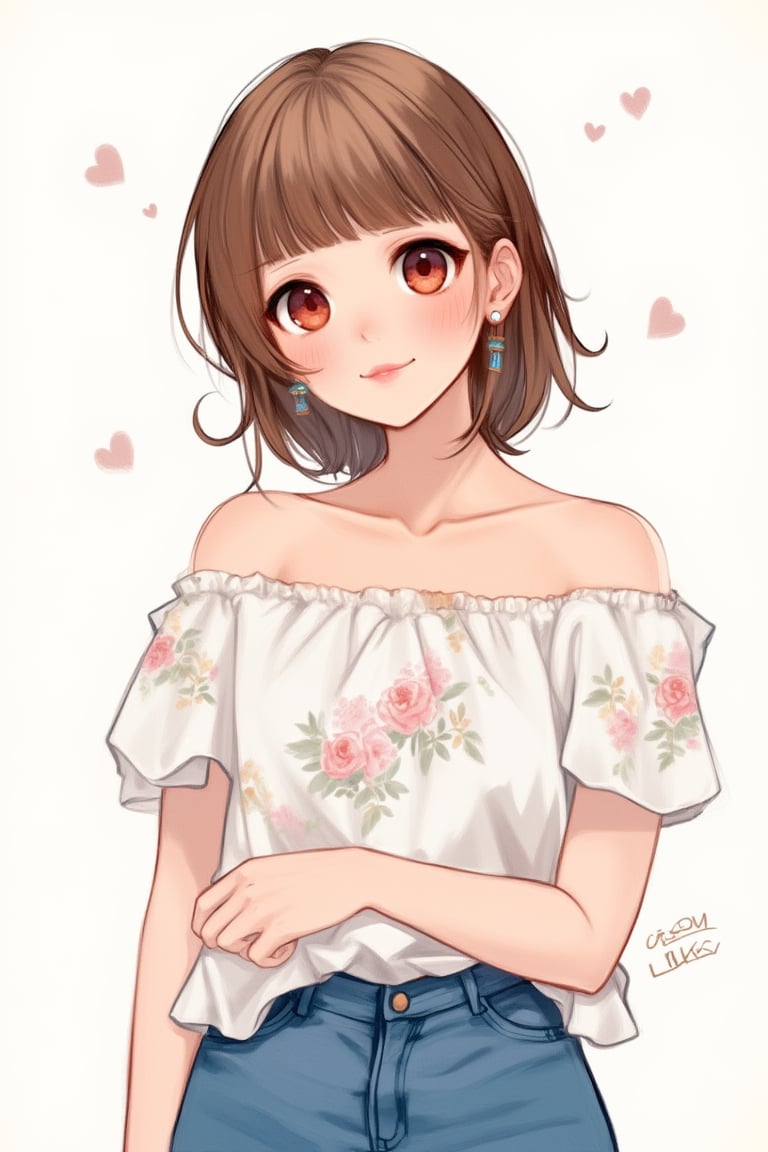 masterpiece, illustration, one woman, solo, looking at viewer, short hair, bangs, simple background, shirt, smiling face, red eyes, heart, symbol, white background, exposed shoulders, collarbone, white shirt, light brown hair, cowboy shot, open lips, pants, blunt bangs, medium length hair, floral off-shoulder shirt, denim, jeans, blue pants,acryli painting