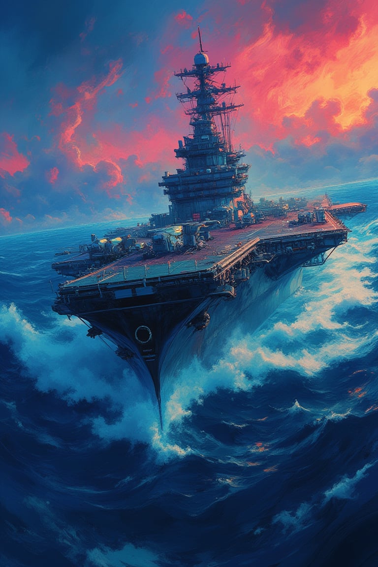 Illustration, vivid, colorful, Japanese Navy aircraft carrier Akagi, sailing through stormy seas, Makoto Shinkai style, amazing detail, fantastic, mysterious, detailed background, it can't be ordinary, it must be highly complex in structure, it must have a high degree of randomness, it must be an image that nobody has seen before, it must be highly original, it must have incredible detail, it must be of the highest artistry, it must be the ultimate, failure is not an option,acryli painting