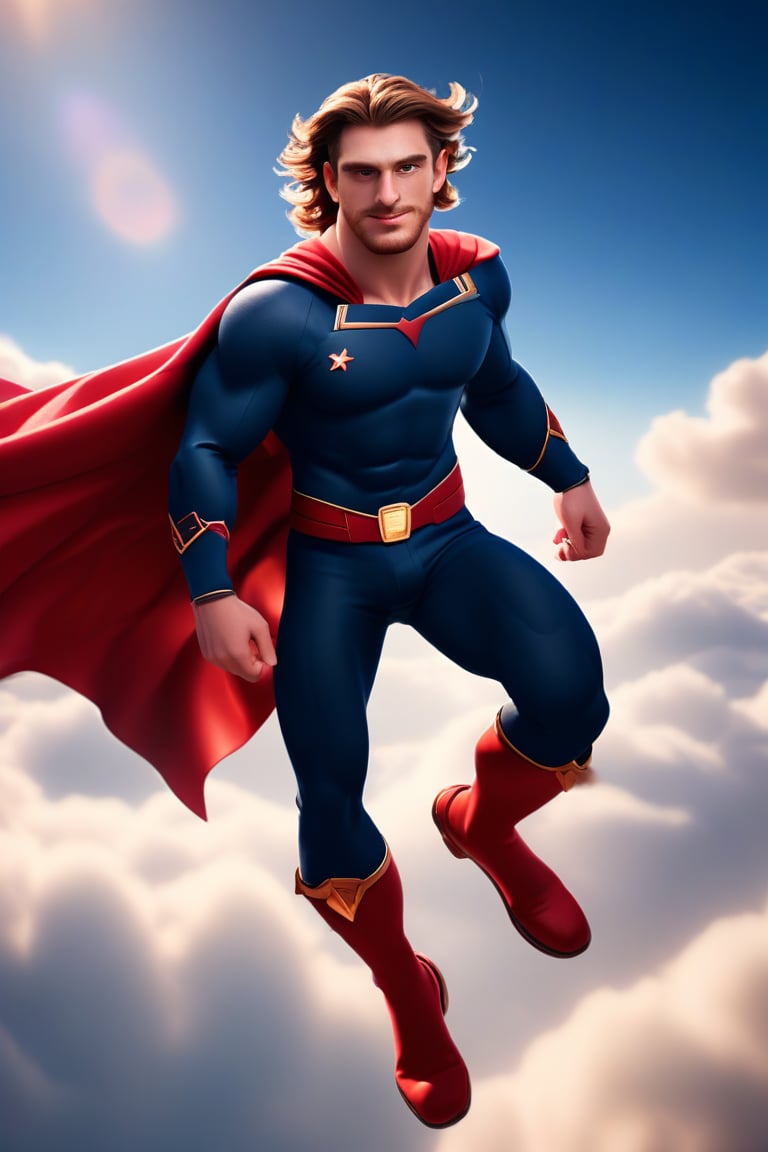 (masterpiece, professional 3d, best quality), herin is powerful masculine welsh man, he is wearing hero uniform with cape with dynamic movement, flying in the sky, clouds, sun, depth of field, professional smooth clear clean CGI in UHD, highres image scan, best high-octane 3d engine, high-poly, colorful, vibrant, matte,