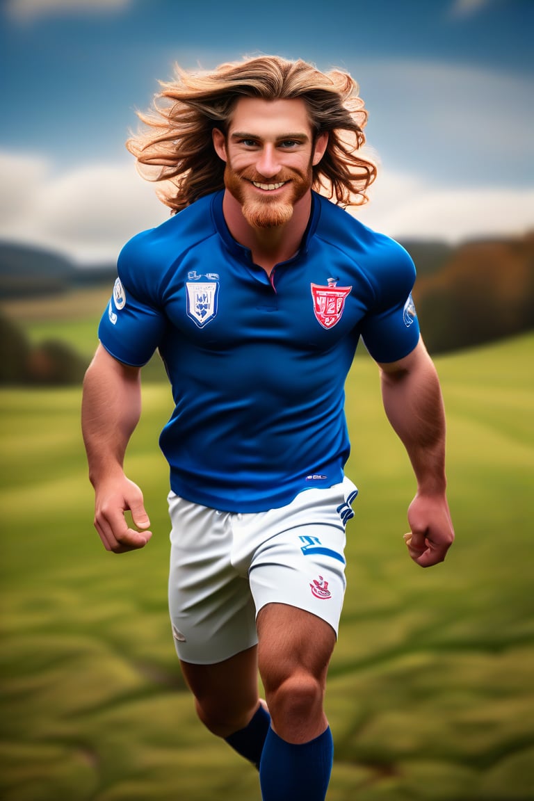 (masterpiece, only realistic, best quality), perfect professional photo of a handsome Welsh man called herin, he has pale-brown messy long hair, beard, wearing masculine rugby-wear, rugby footwear, from above, looking at viewer, smile, coutryside, fields, depth of field, dynamic view, outdoors, uhd, highres, high-definition, vibrant, matte, colorful, exceptional epic photo creative, symmetry is excellent, realism, real, exceptional intricate, artistic, entertaining,