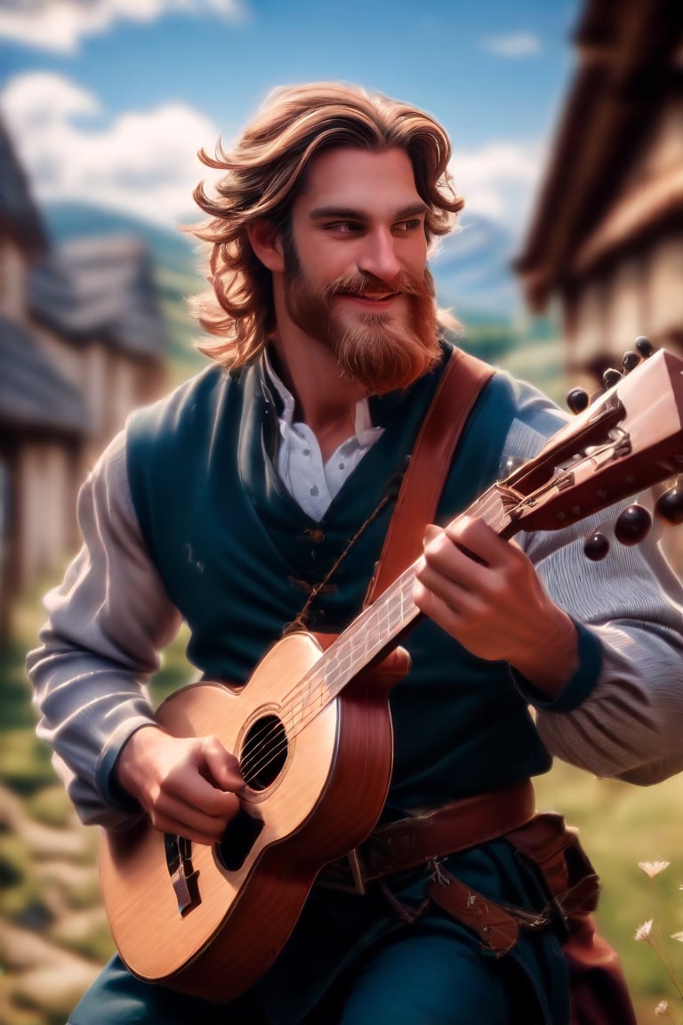 Herin's Melodic Moment: A high-definition masterpiece captures Herin, a dashing Welsh man with pale-brown hair and beard, donning masculine bard attire. He strums his instrument in the heart of a serene medieval village, where villagers blend seamlessly into the faded background. The camera frames him from a slight angle, emphasizing the vibrant colors and textures of his clothing as he performs with infectious energy. The scene exudes positive vibes, radiating creativity and artistic expression. The image is rendered in stunning UHD resolution, inviting viewers to step into its vivid world.