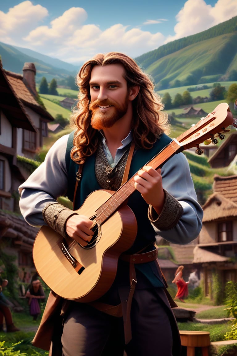 Herin, a masculine Welsh man with pale-brown long wavy hair and beard, plays an instrument in the middle of a serene medieval village. Bard clothes adorn his figure as he performs with passion. Faded background villagers gather to watch, surrounded by lush greenery and rustic architecture. Framed in high-definition, this MASTERPIECE radiates VIVID, ALIVE! colors, exuding positive vibes, creative energy, and original artistry.