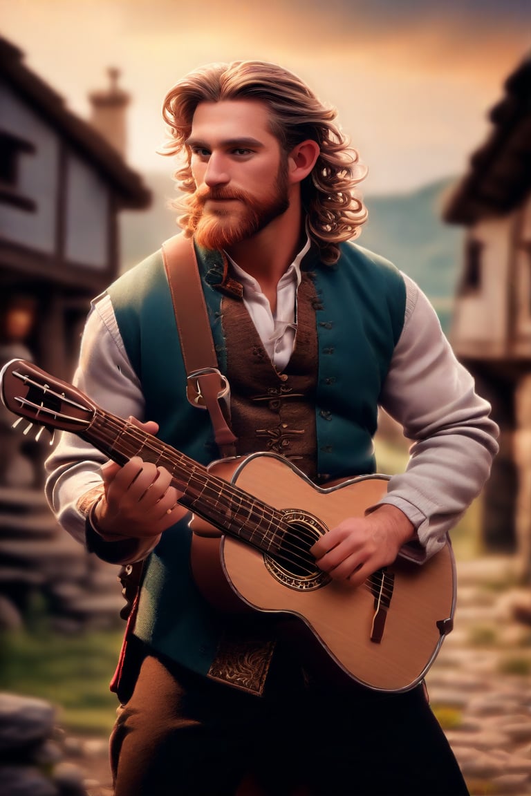 Herin's Melodic Moment: A high-definition masterpiece captures Herin, a dashing Welsh man with pale-brown hair and beard, donning masculine bard attire. He strums his instrument in the heart of a serene medieval village, where villagers blend seamlessly into the faded background. The camera frames him from a slight angle, emphasizing the vibrant colors and textures of his clothing as he performs with infectious energy. The scene exudes positive vibes, radiating creativity and artistic expression. The image is rendered in stunning UHD resolution, inviting viewers to step into its vivid world.