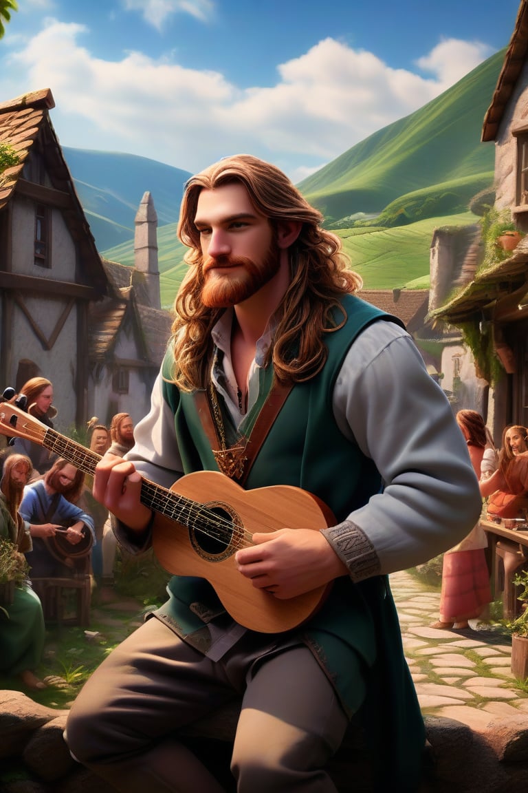 Herin, a masculine Welsh man with pale-brown long wavy hair and beard, plays an instrument in the middle of a serene medieval village. Bard clothes adorn his figure as he performs with passion. Faded background villagers gather to watch, surrounded by lush greenery and rustic architecture. Framed in high-definition, this MASTERPIECE radiates VIVID, ALIVE! colors, exuding positive vibes, creative energy, and original artistry.