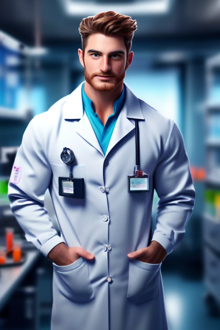 (masterpiece, professional 3d, best quality), herin is powerful masculine welsh man, he is wearing masculine doctor clothes , posing in the laboratory, depth of field, professional smooth clear clean CGI in UHD, highres image scan, best high-octane 3d engine, high-poly, colorful, vibrant, matte,