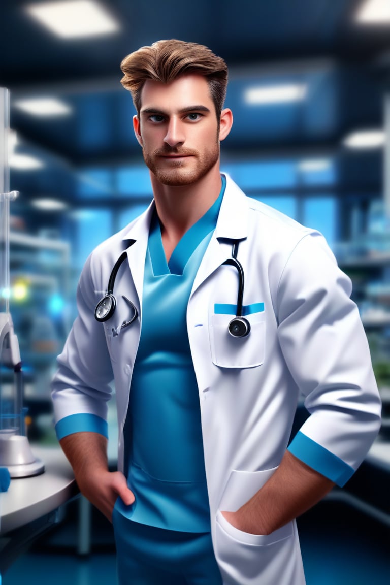 (masterpiece, professional 3d, best quality), herin is powerful masculine welsh man, he is wearing masculine doctor clothes , posing in the laboratory, depth of field, professional smooth clear clean CGI in UHD, highres image scan, best high-octane 3d engine, high-poly, colorful, vibrant, matte,